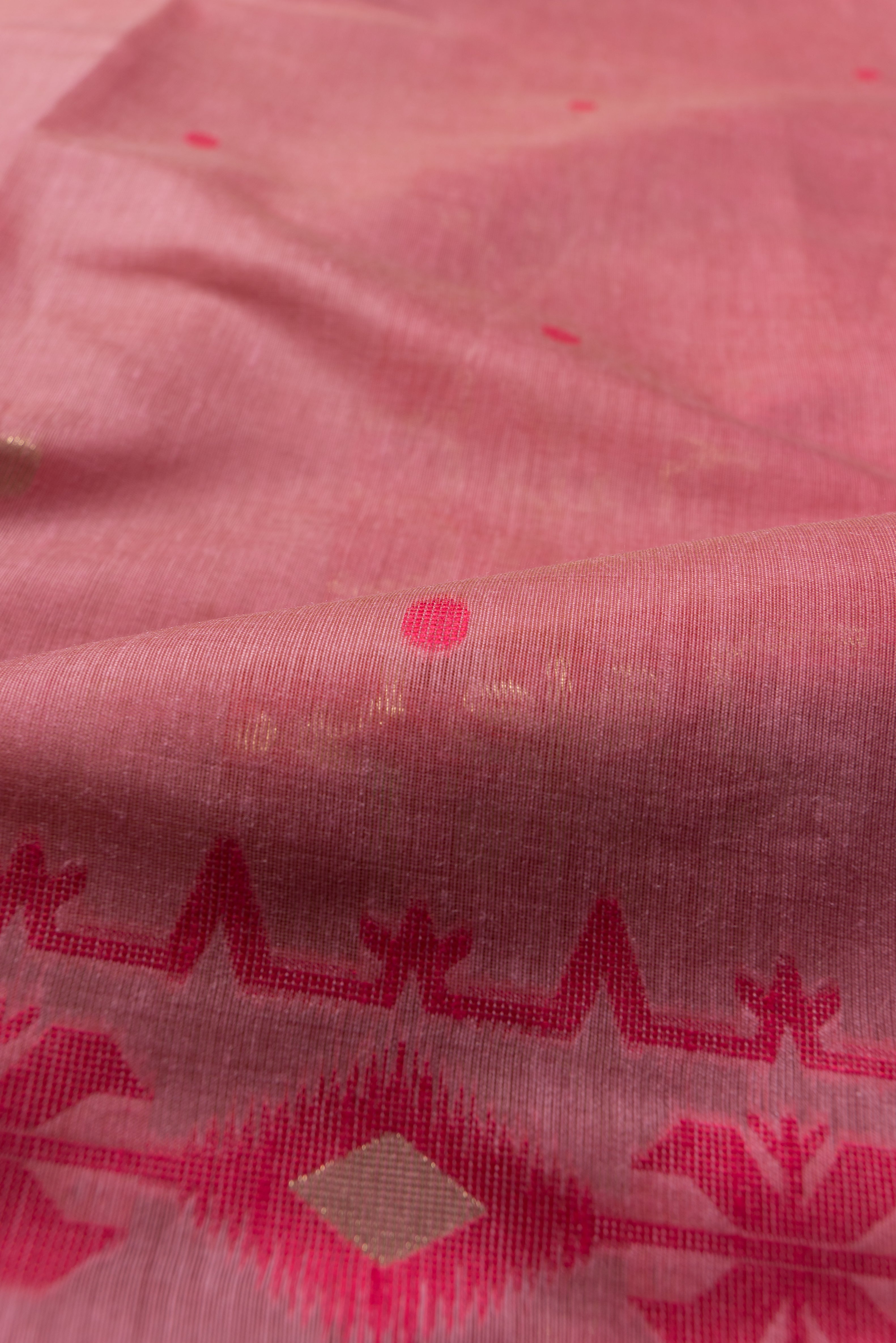 Peach Pink Pure Cotton Saree with Rani Pink Resham threadwork and contrast blouse