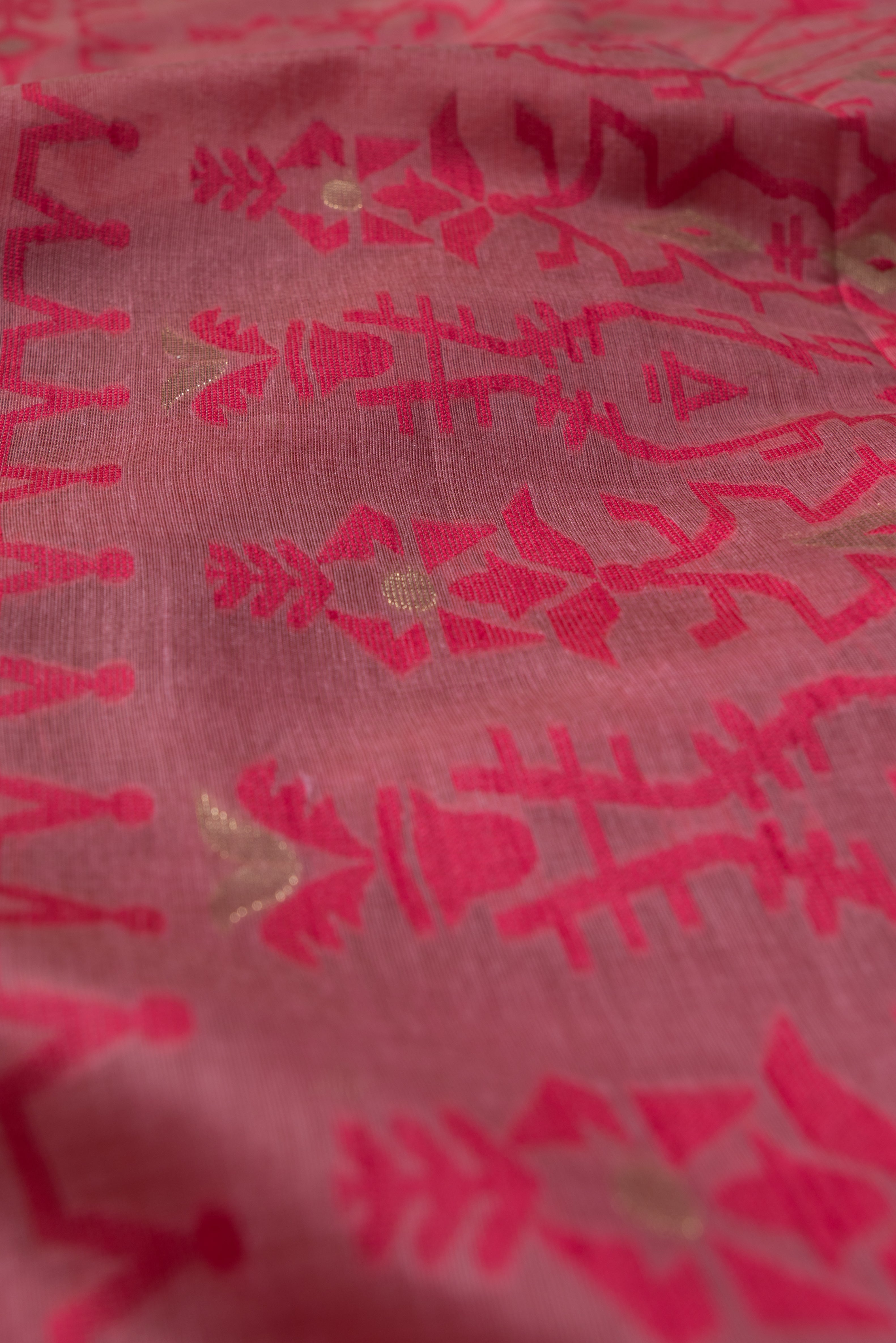 Peach Pink Pure Cotton Saree with Rani Pink Resham threadwork and contrast blouse