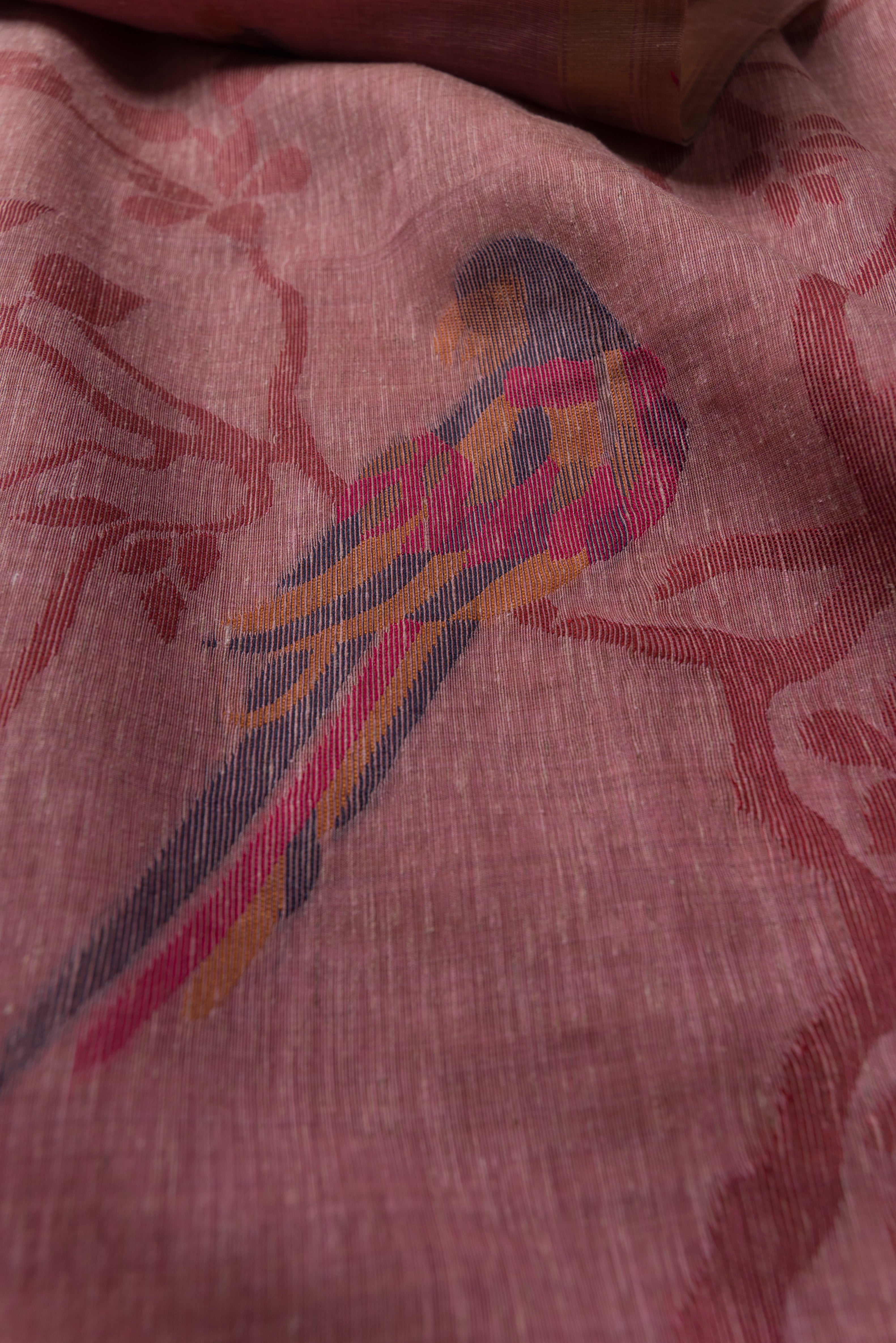 Rose Linen Paithani with Tissue Chidiya Pallu and contrast Maroon blouse