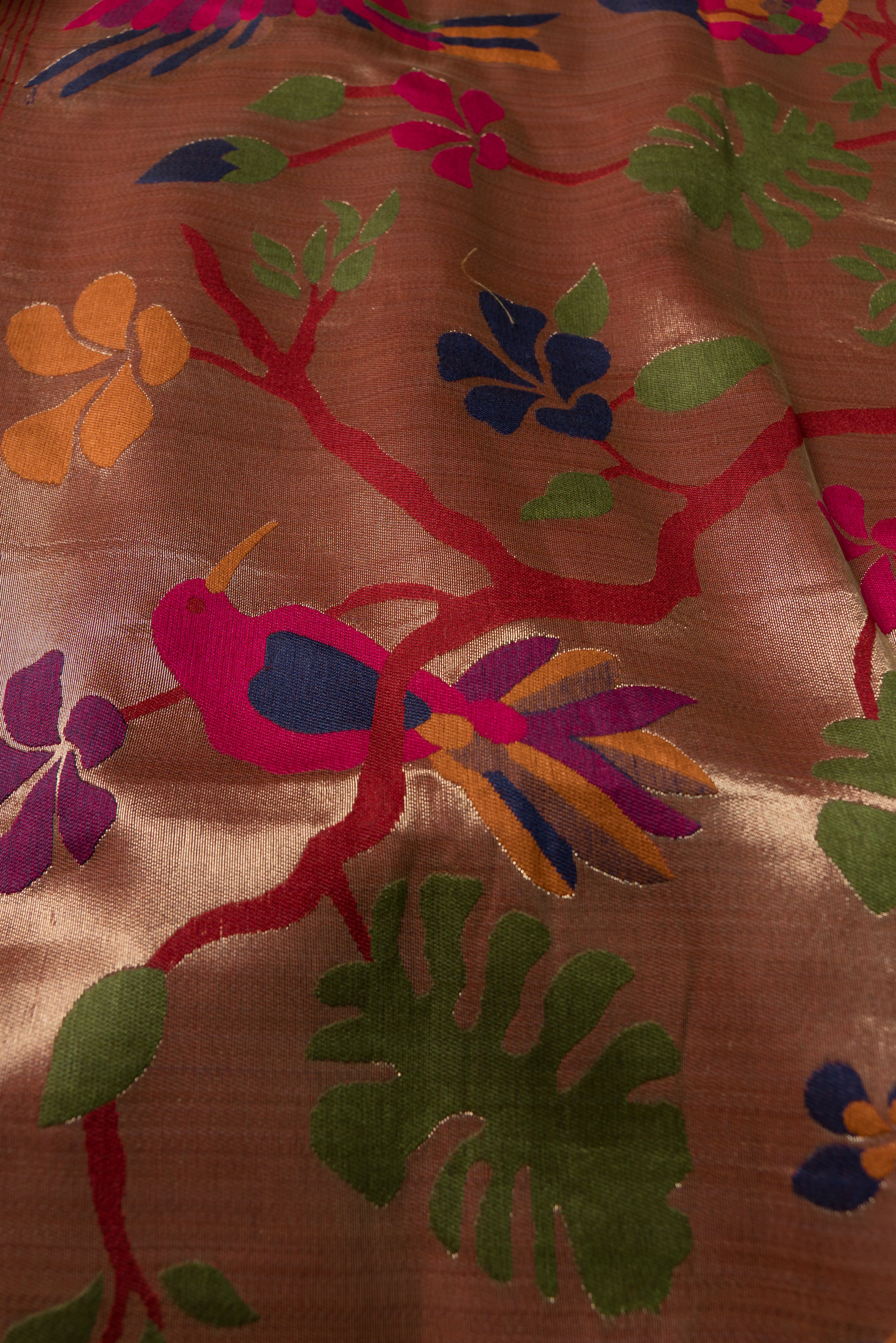 Rose Linen Paithani with Tissue Chidiya Pallu and contrast Maroon blouse