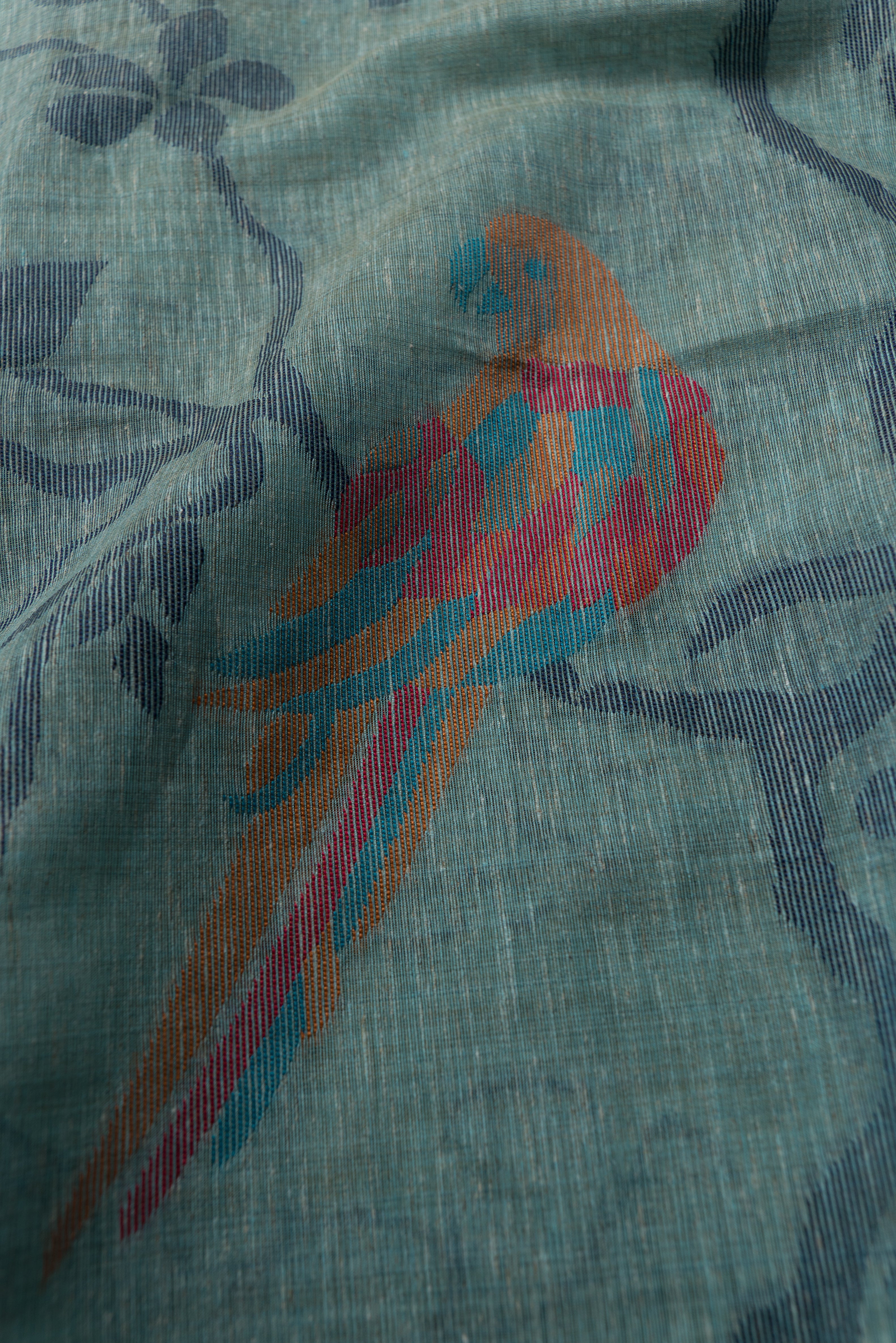 Pastel Blue Linen Paithani with Tissue Chidiya Pallu and contrast Dark Blue blouse