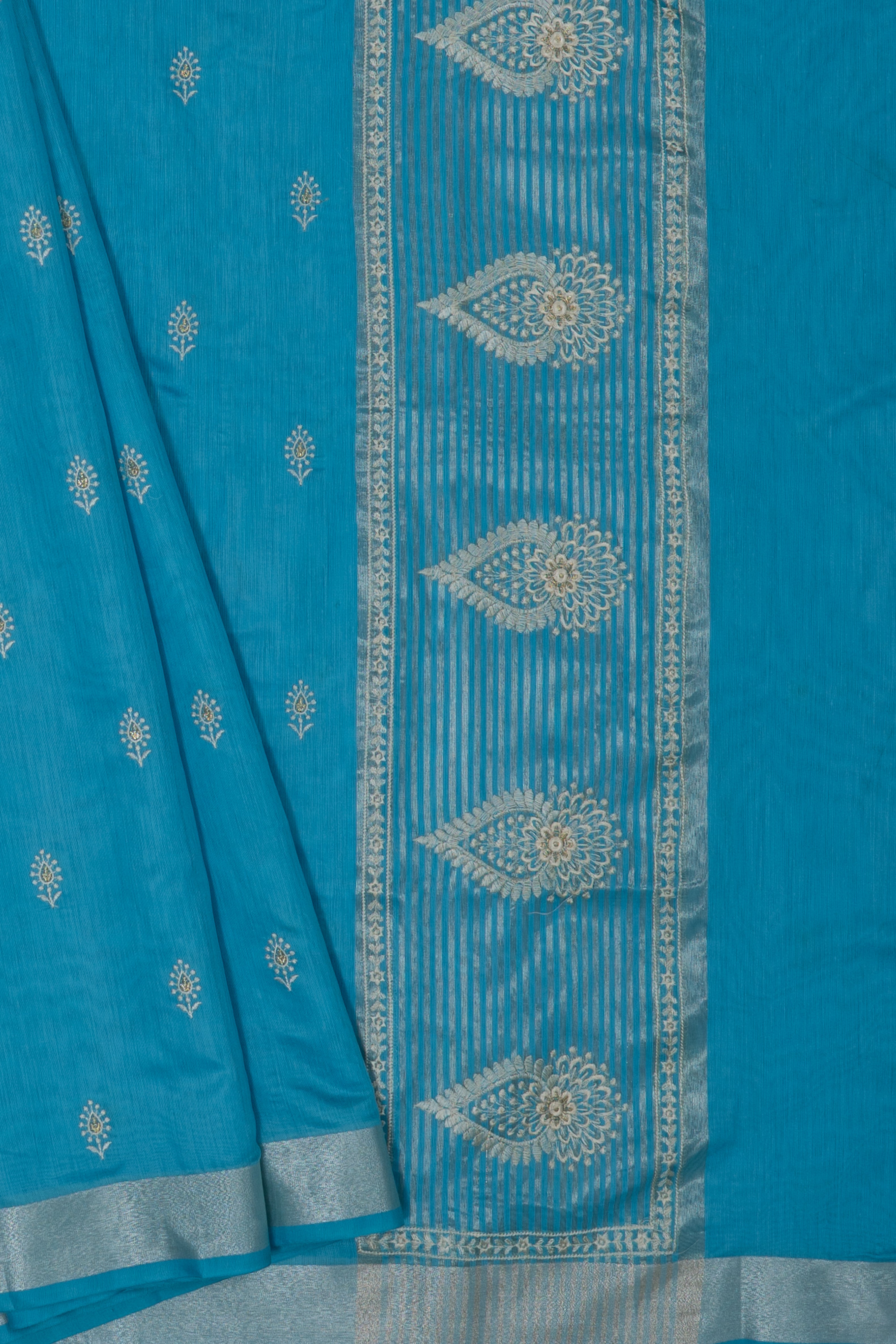 Pastel Blue Cotton Saree with Mukul butti and Resham Pallu
