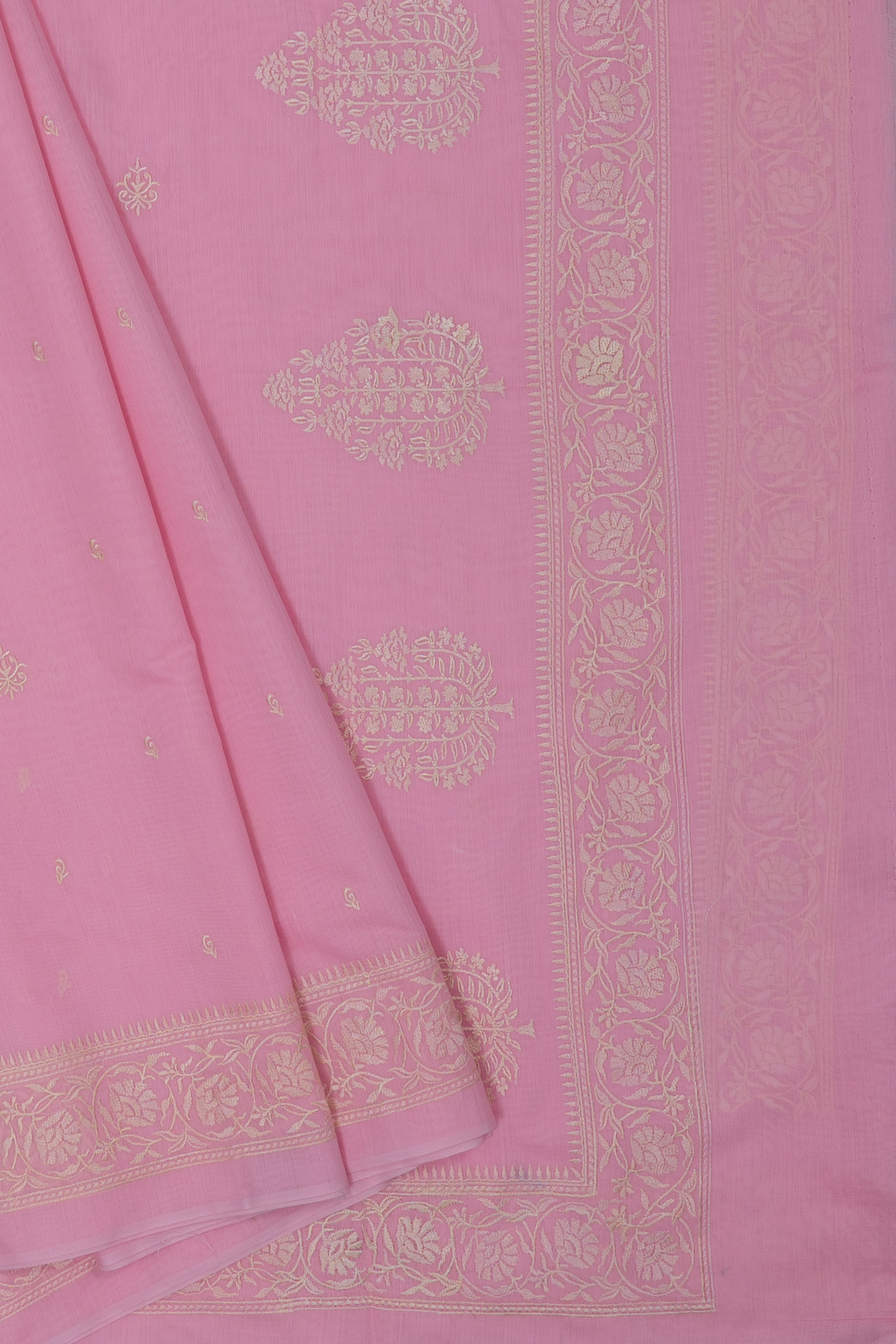 Pastel Pink Cotton Saree with Resham threadwork and butti