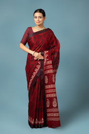 Red Cotton Saree with Batik Print
