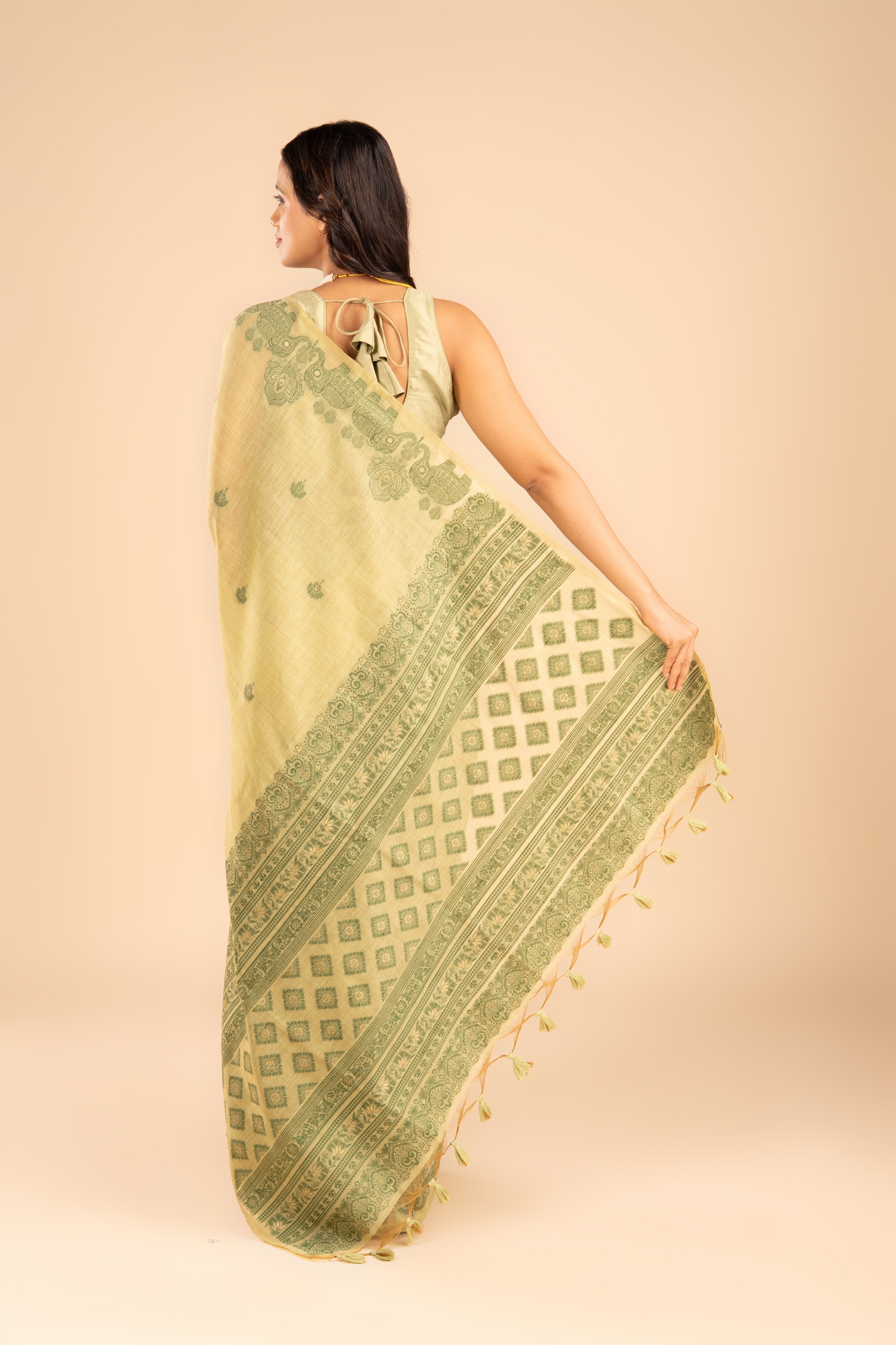 Green Cotton Saree with Threadwork