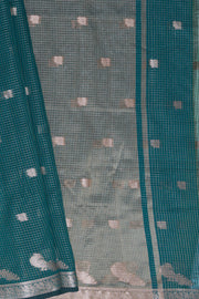 Deep Green Chanderi Silk Checks Paithani Saree with Gold Mayur Butti & Traditional Zari Pallu