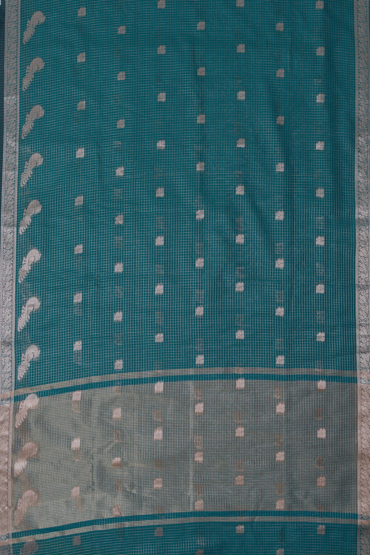 Deep Green Chanderi Silk Checks Paithani Saree with Gold Mayur Butti & Traditional Zari Pallu