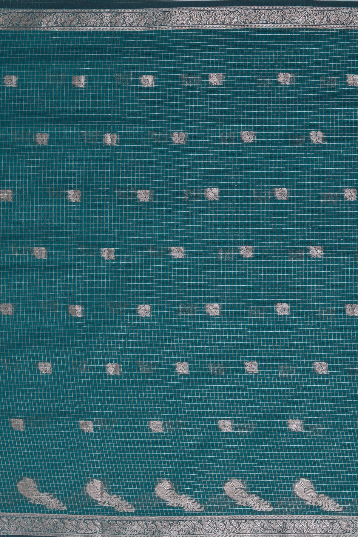 Deep Green Chanderi Silk Checks Paithani Saree with Gold Mayur Butti & Traditional Zari Pallu