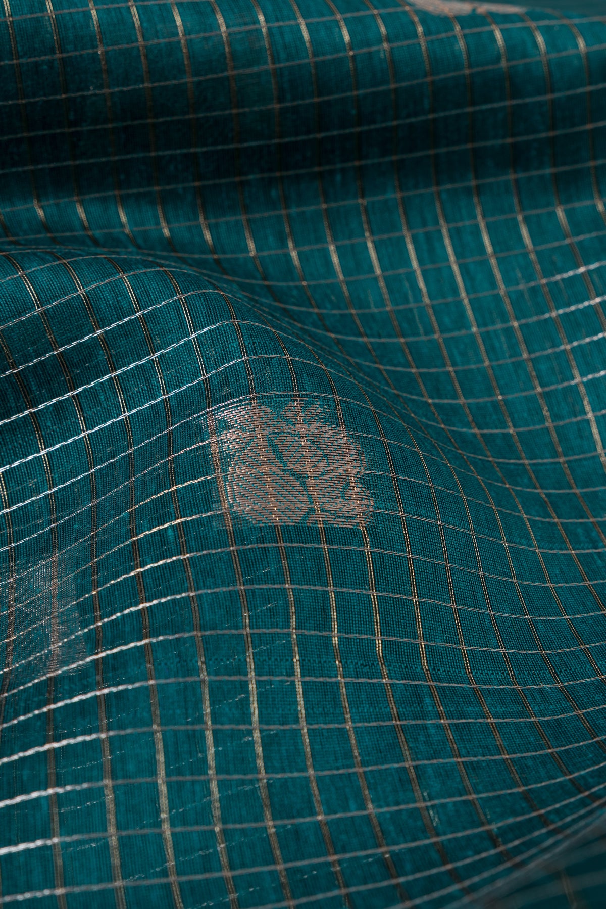Deep Green Chanderi Silk Checks Paithani Saree with Gold Mayur Butti & Traditional Zari Pallu