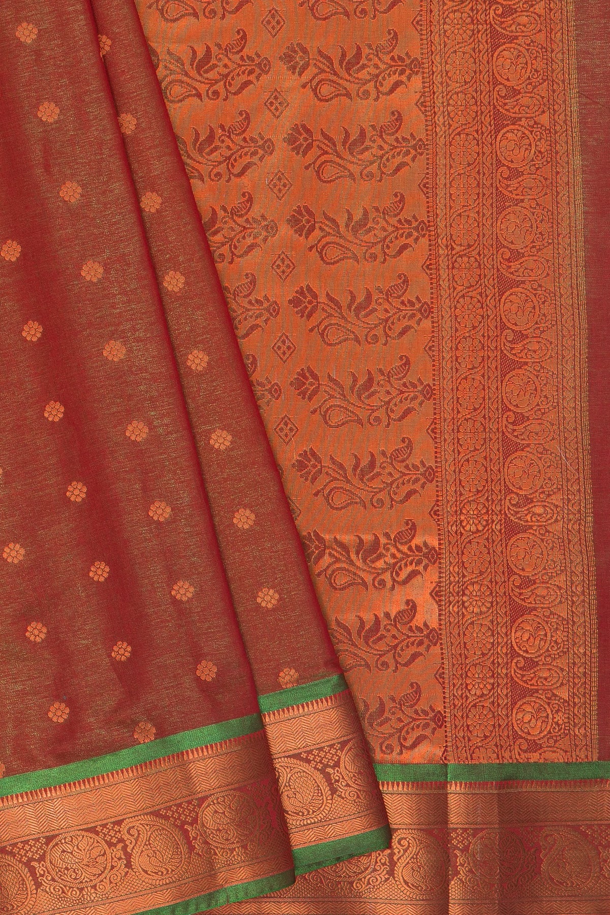 Dhoop Chaon Mehndi Green Soft Silk Paithani Saree with Copper Zari Kalanjali Butti