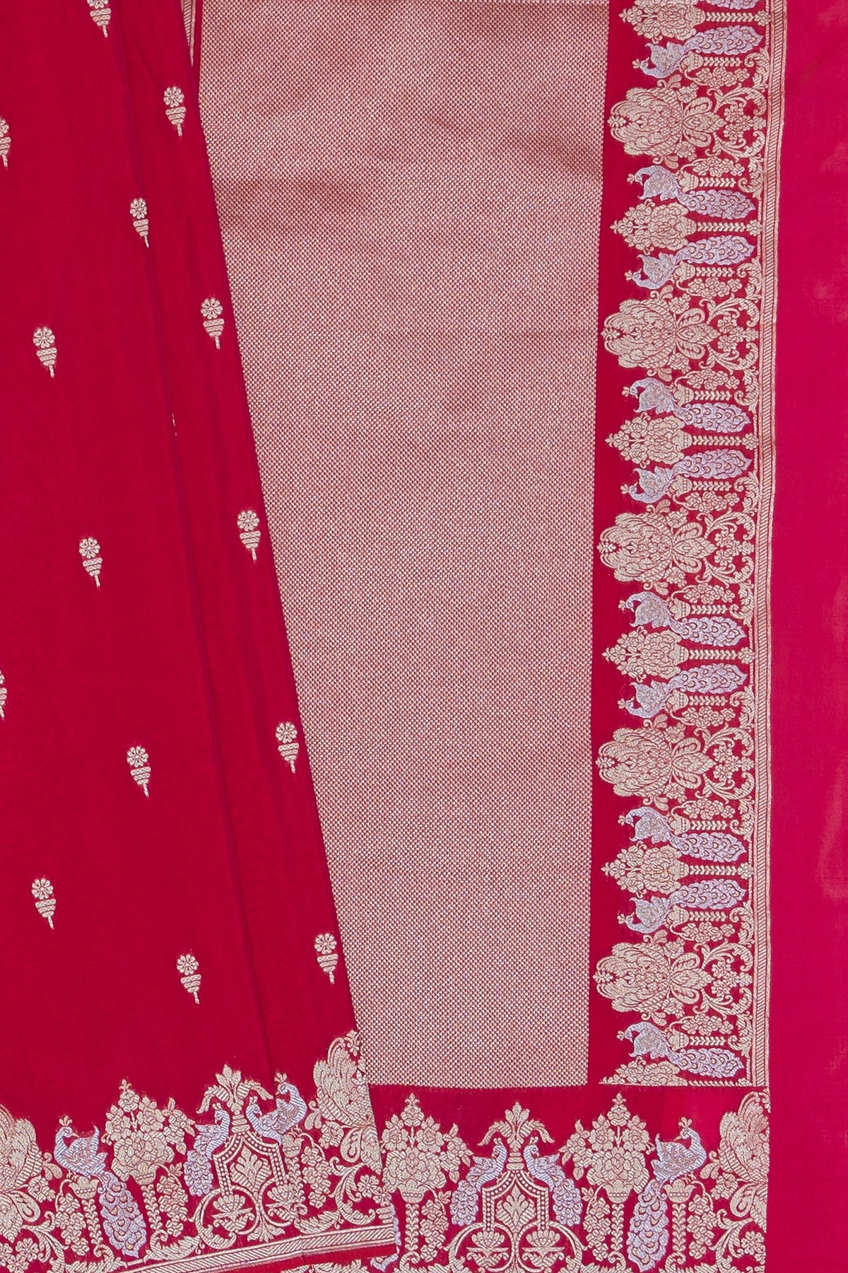 Dhoop Chaon Rani Red Katan Silk Banarasi Saree with Dual Zari border