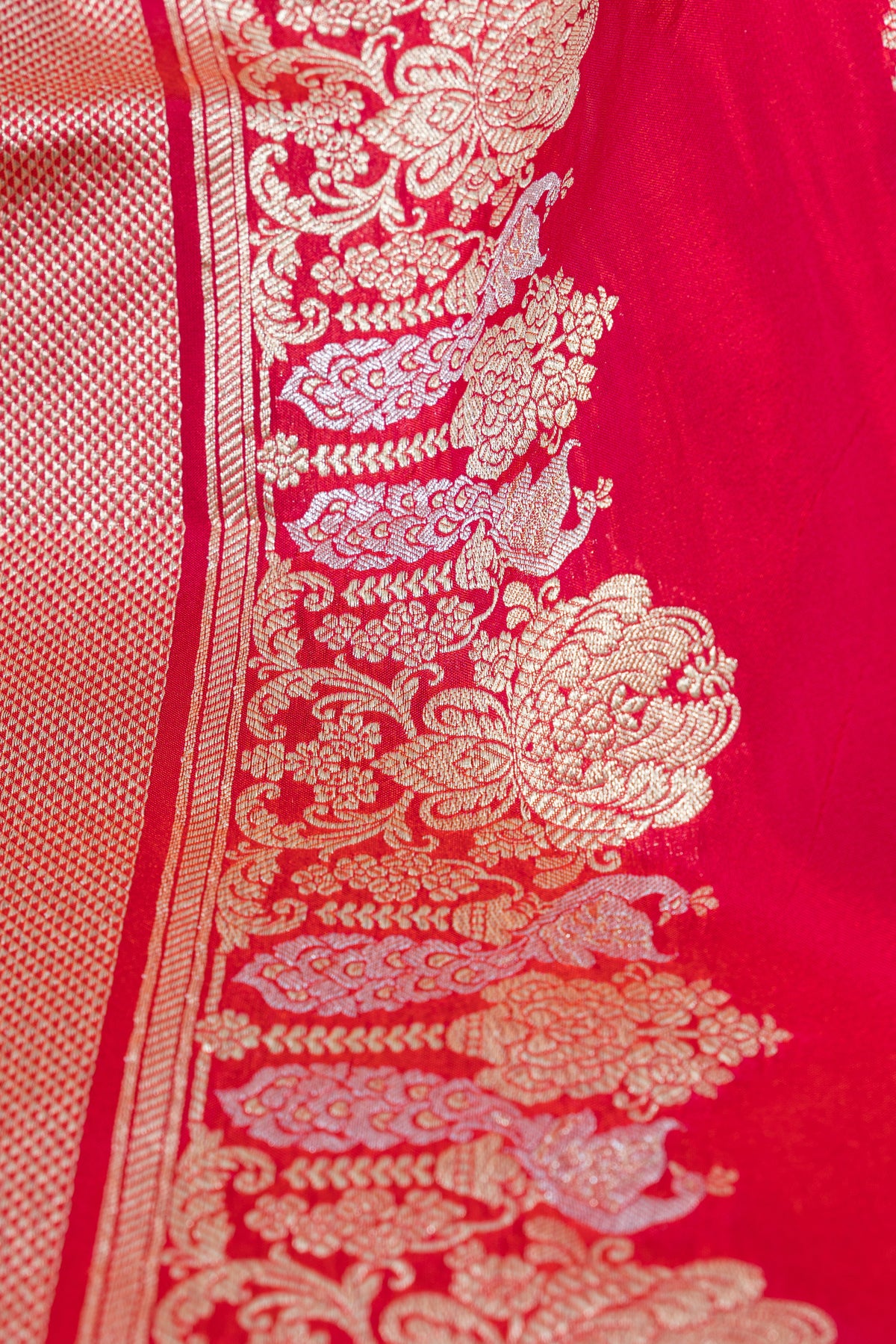 Dhoop Chaon Rani Red Katan Silk Banarasi Saree with Dual Zari border