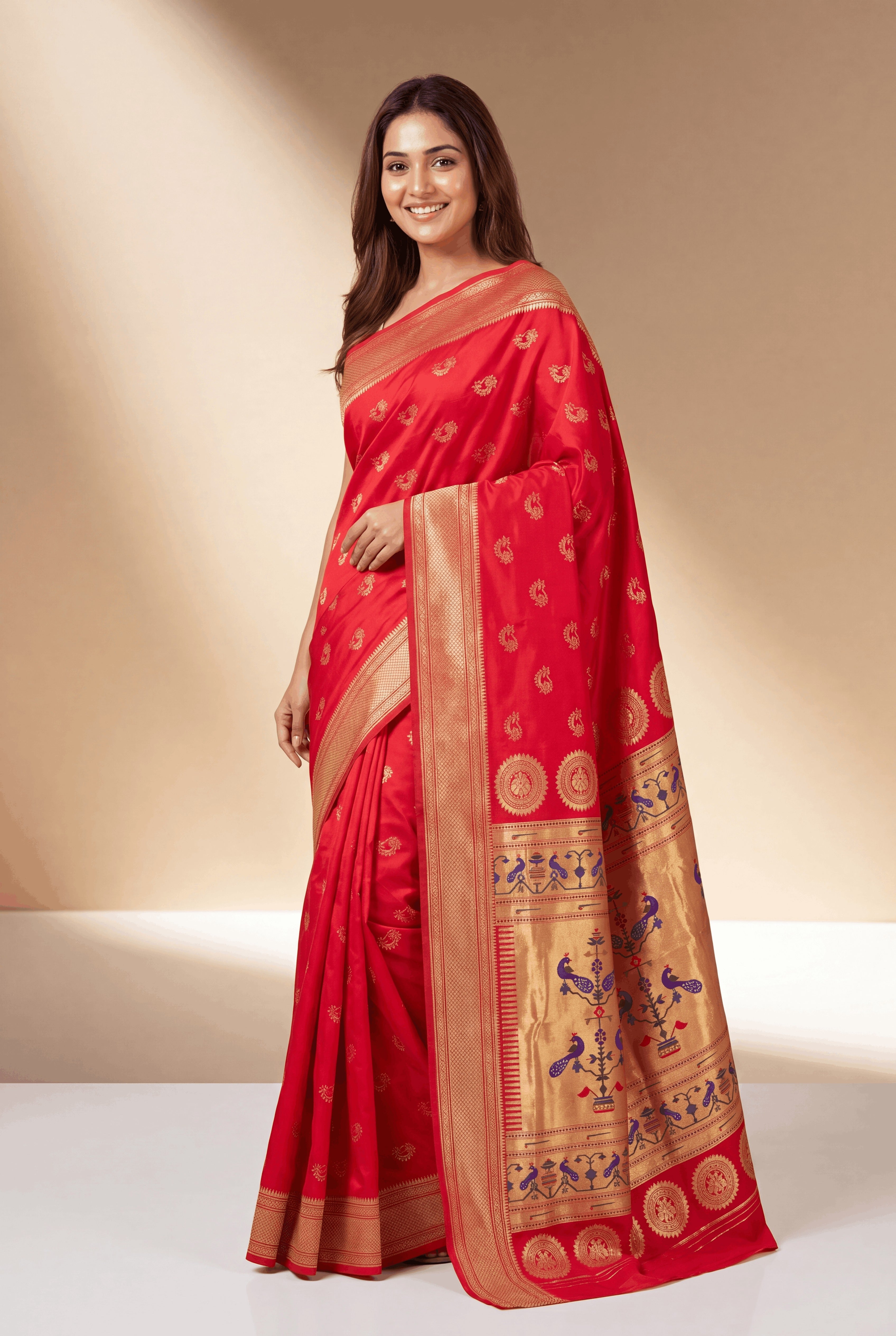 Dhoop Chaon Red Rani Apurva Silk Paithani Saree with Nath butti