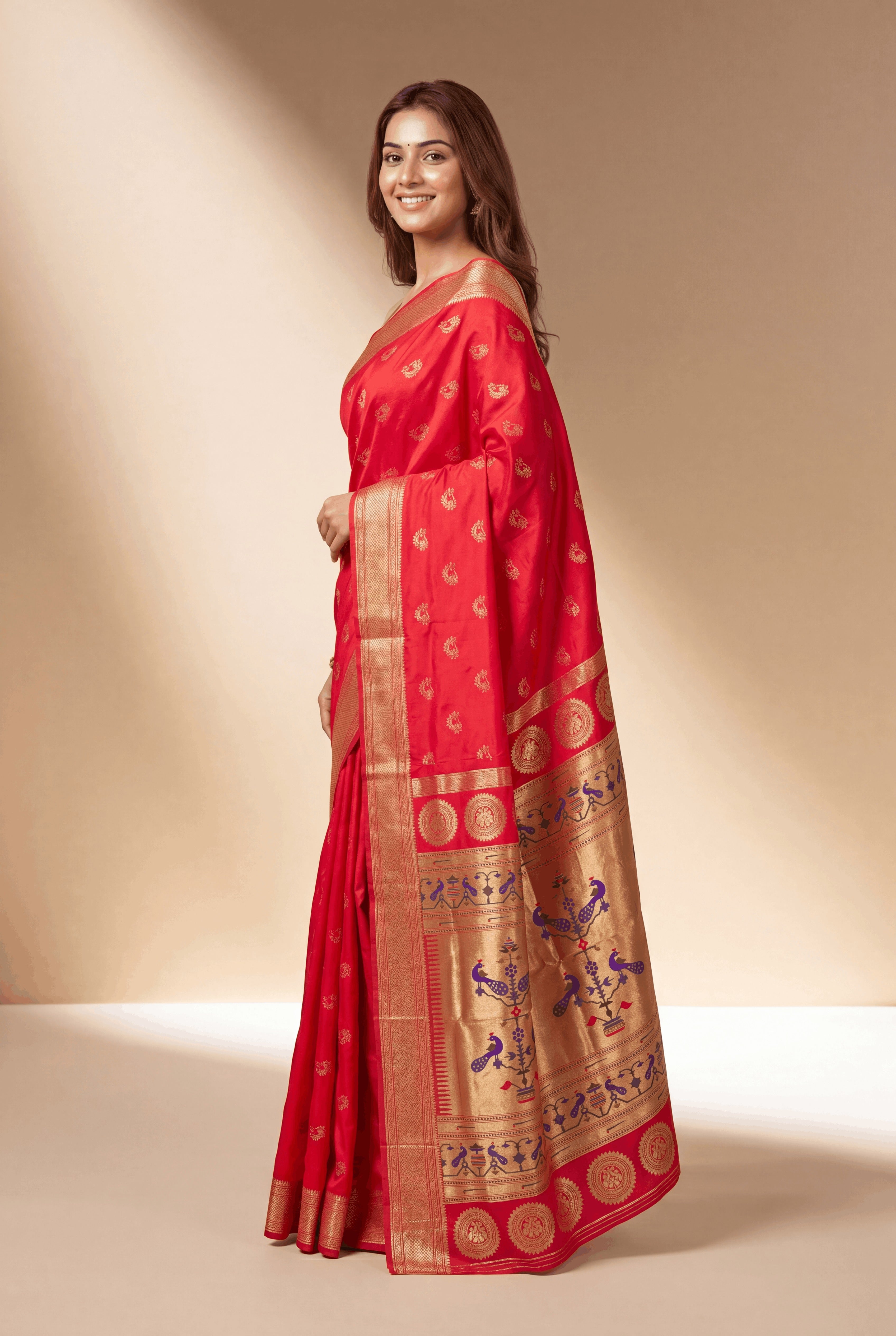 Dhoop Chaon Red Rani Apurva Silk Paithani Saree with Nath butti