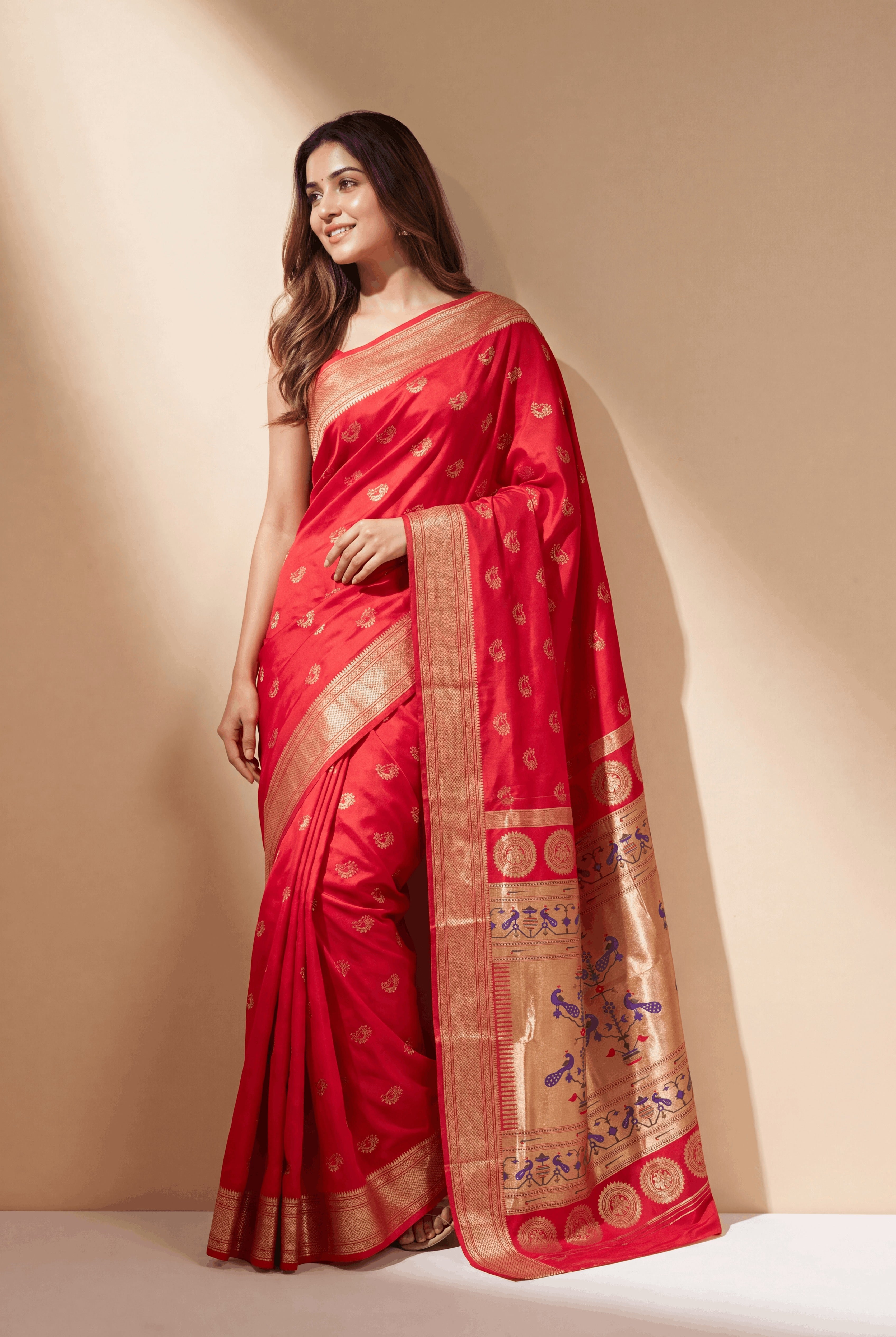 Dhoop Chaon Red Rani Apurva Silk Paithani Saree with Nath butti