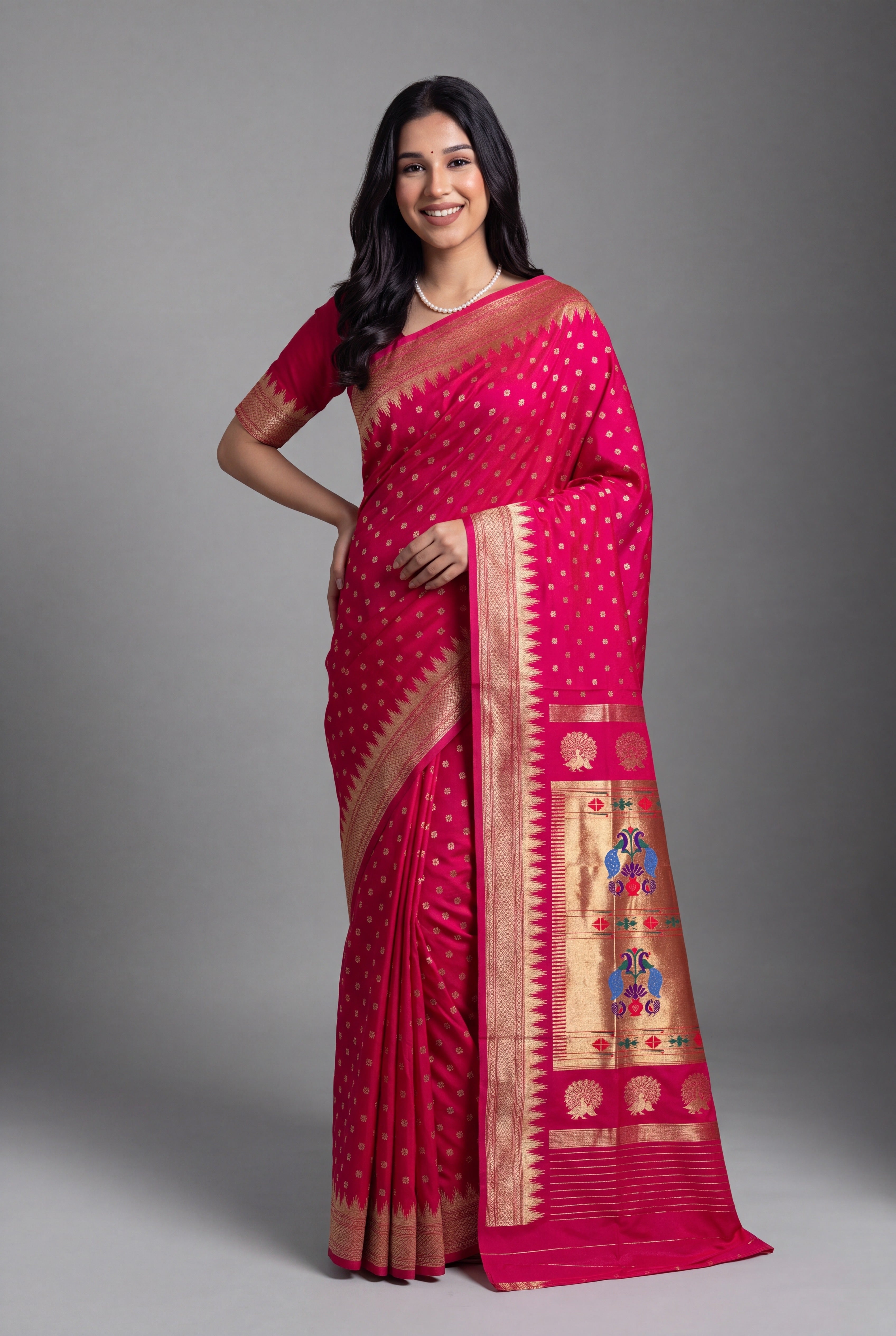 Dhoop Chaon Red Rani Katan Silk Paithani Saree with Irkal border
