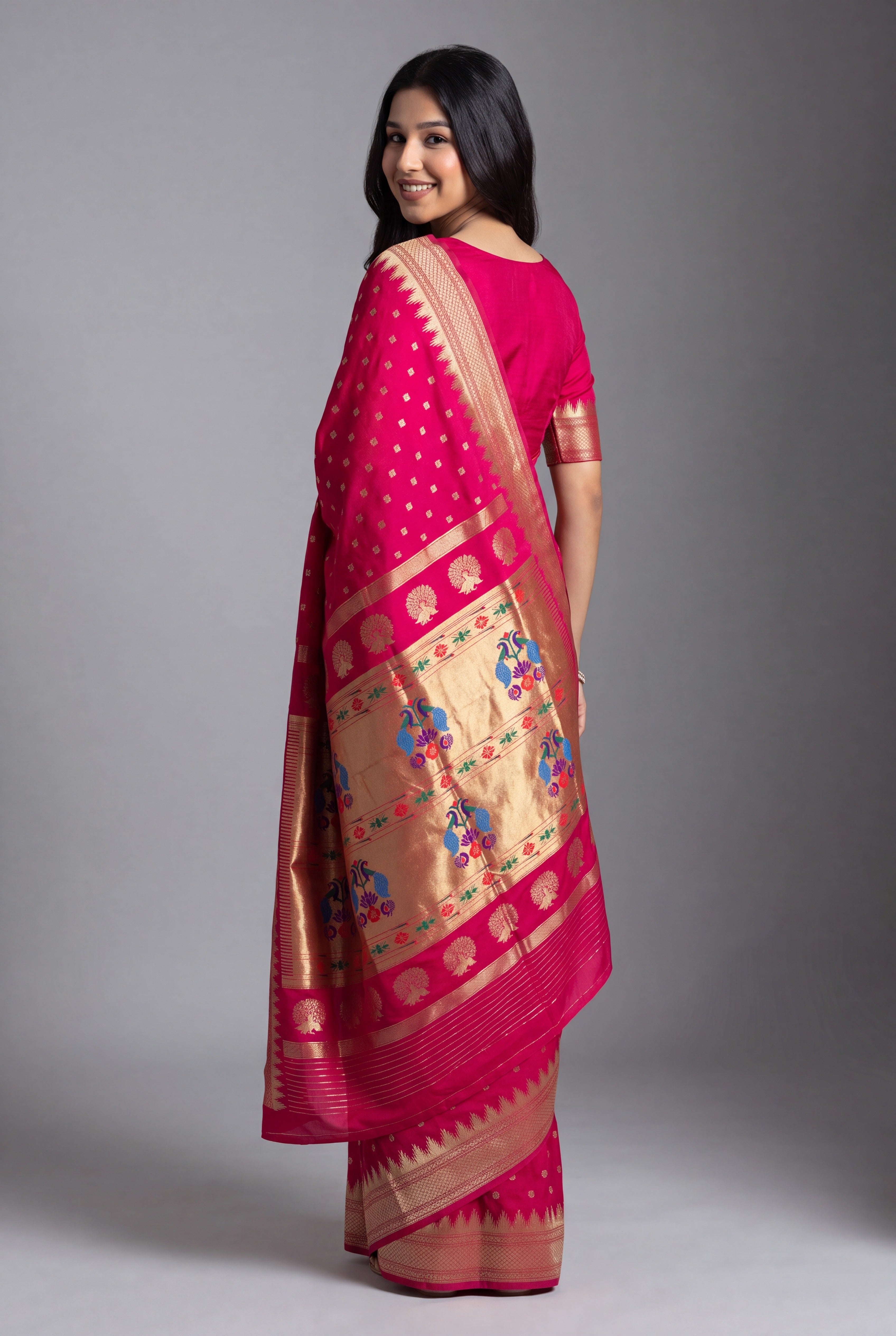 Dhoop Chaon Red Rani Katan Silk Paithani Saree with Irkal border