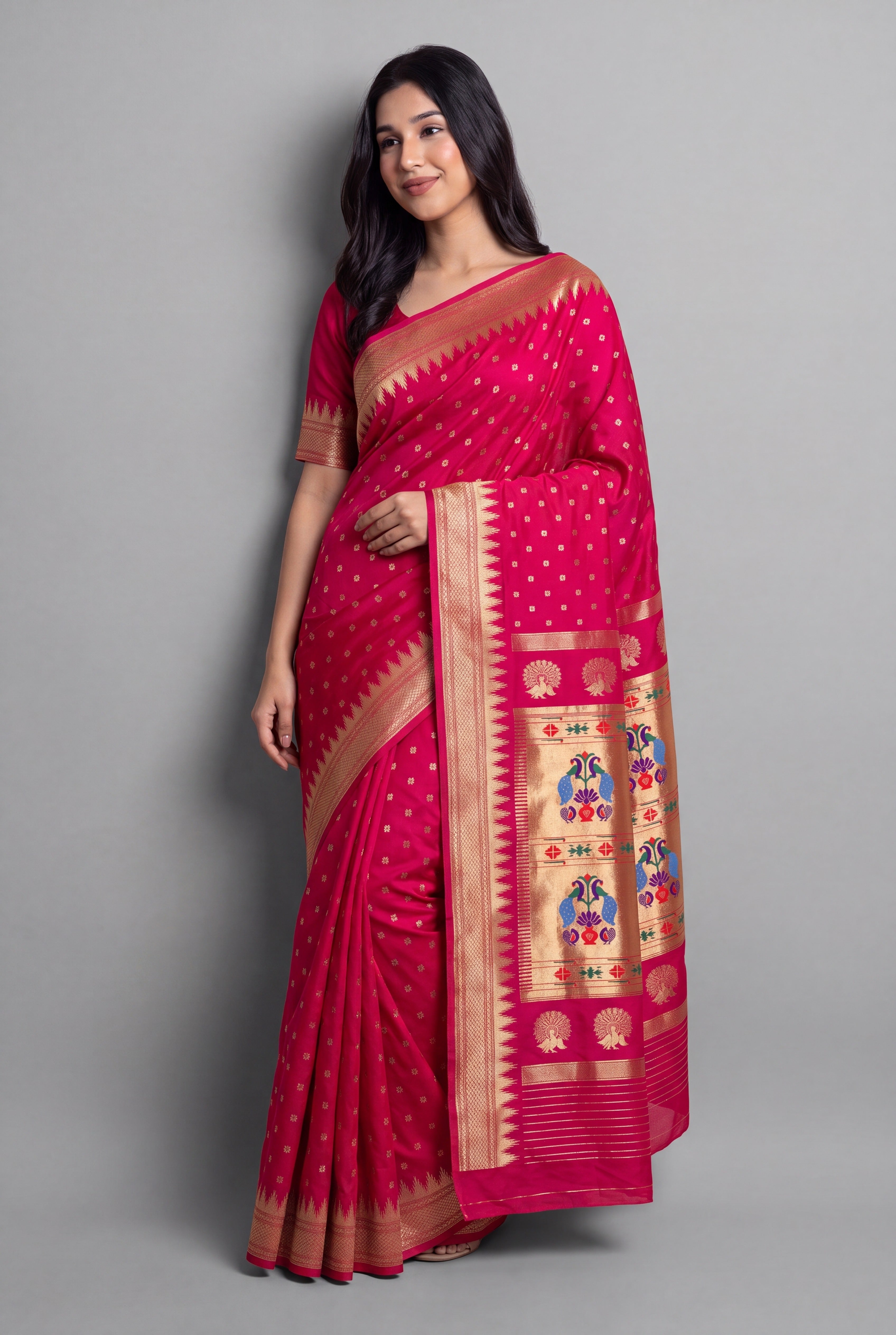 Dhoop Chaon Red Rani Katan Silk Paithani Saree with Irkal border