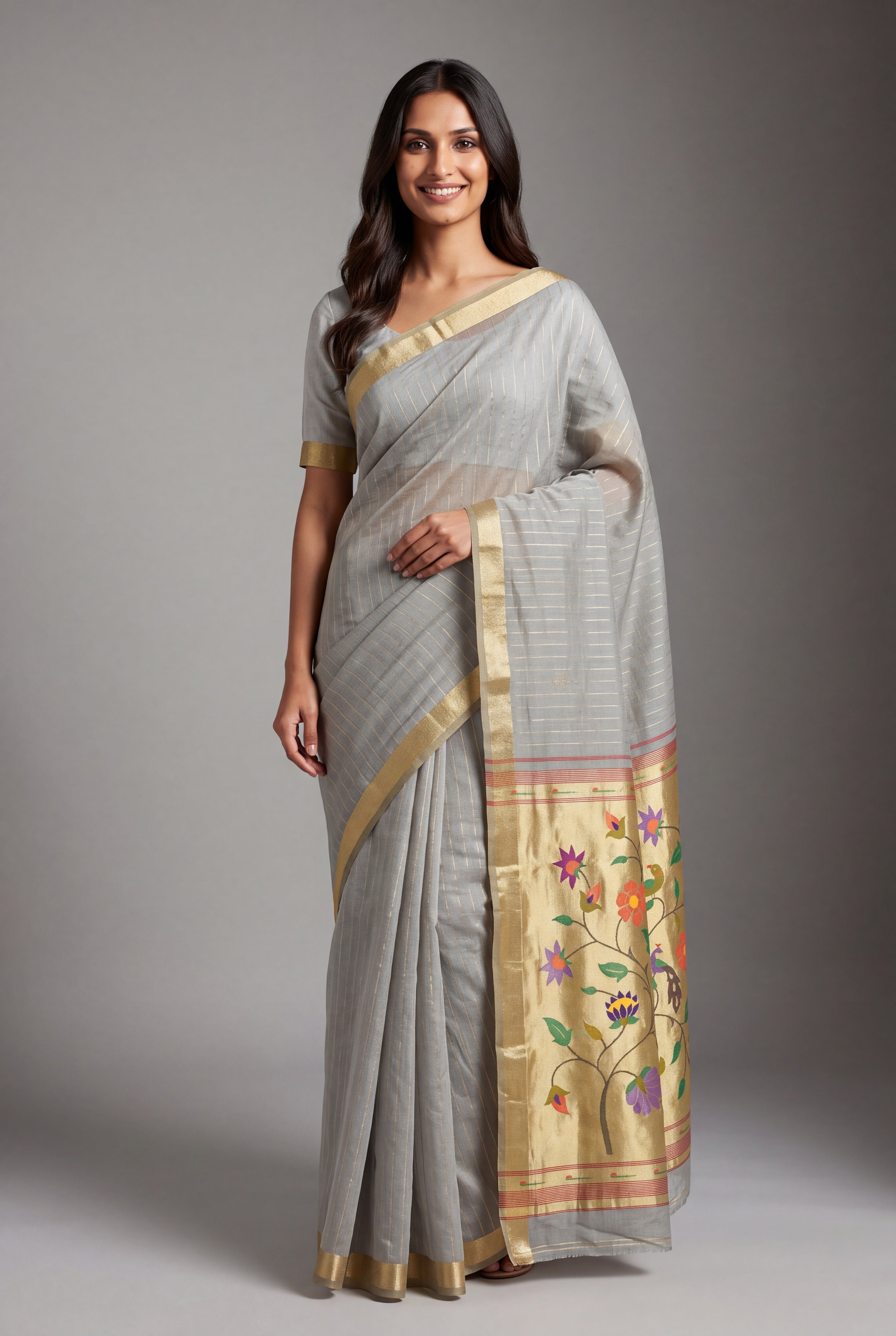 Dove Grey Jamdhani Cotton Paithani Saree with Zari Stripes and Puṣpavallī Pallu