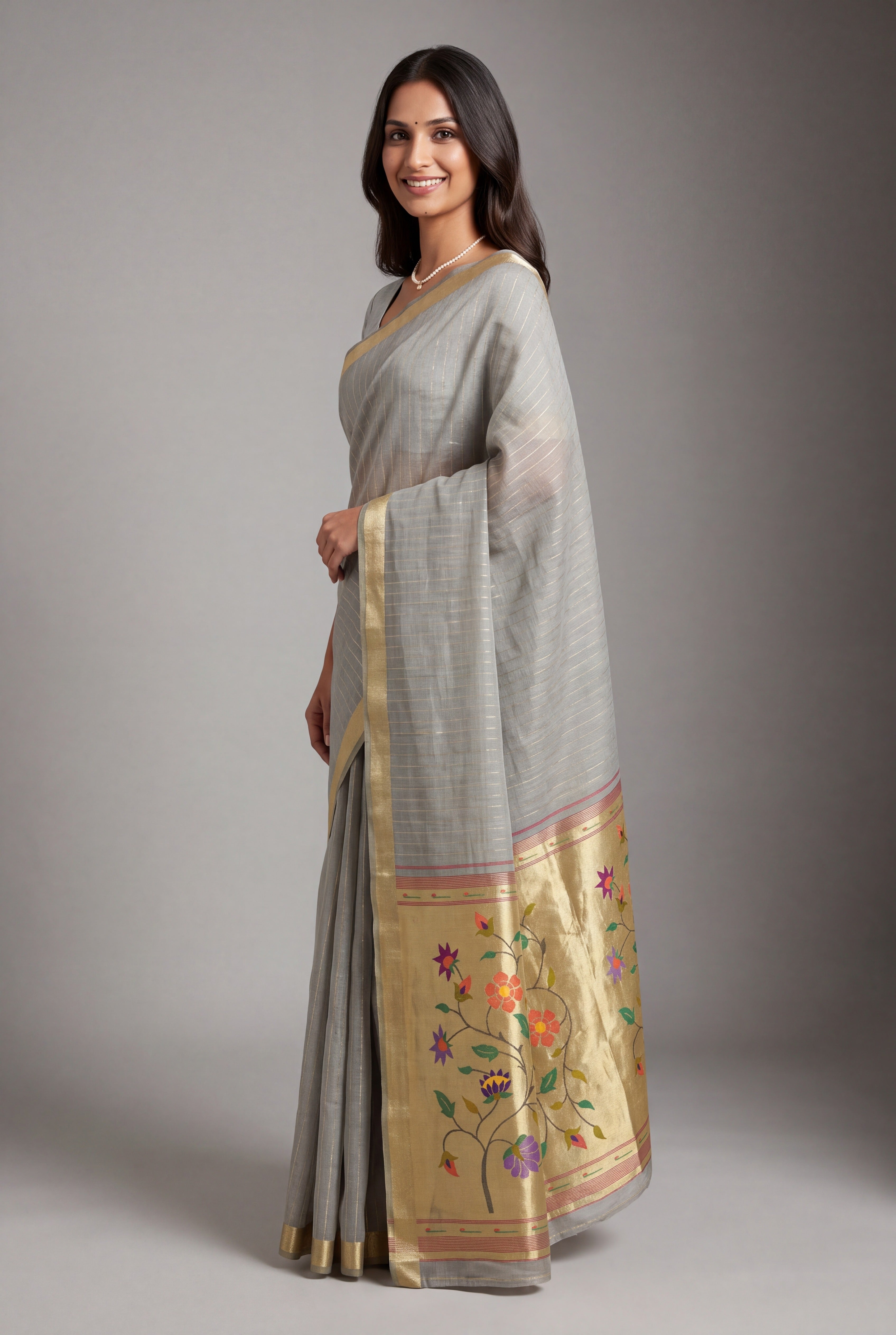 Dove Grey Jamdhani Cotton Paithani Saree with Zari Stripes and Puṣpavallī Pallu