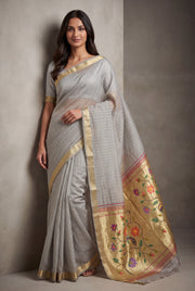 Dove Grey Jamdhani Cotton Paithani Saree with Zari Stripes and Puṣpavallī Pallu