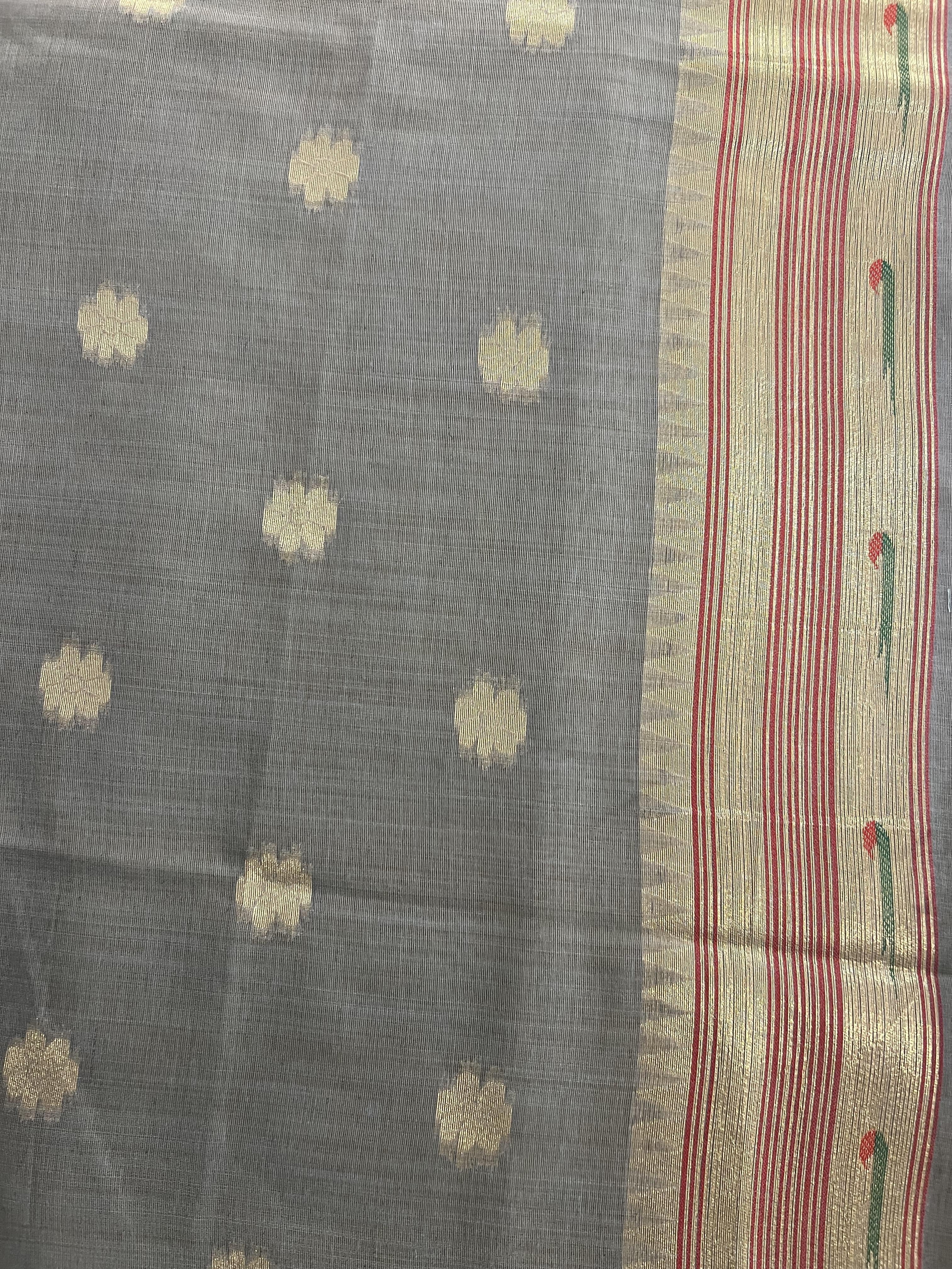 Dove Grey Jamdhani Cotton Paithani Saree with Zari Stripes and Puṣpavallī Pallu