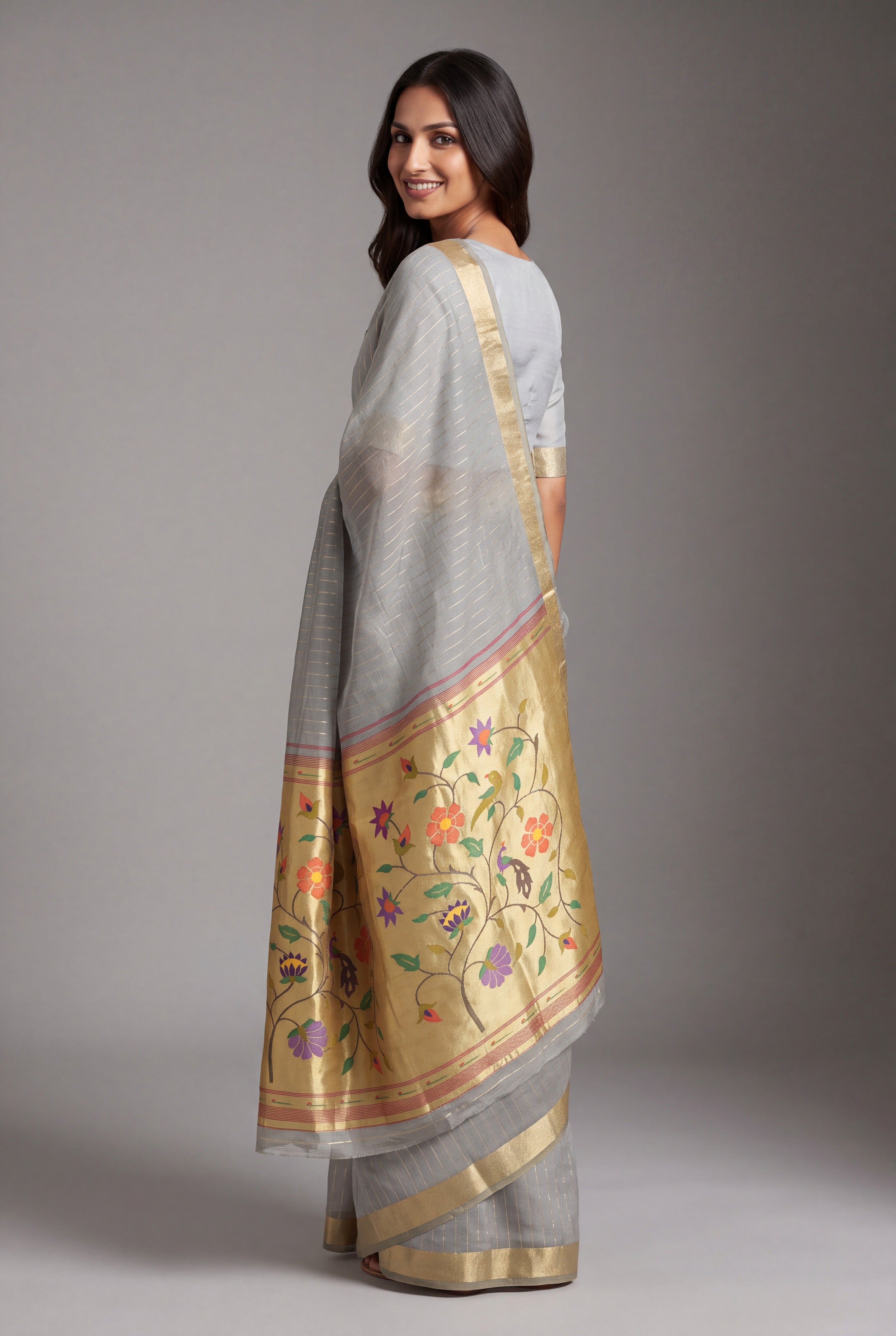 Dove Grey Jamdhani Cotton Paithani Saree with Zari Stripes and Puṣpavallī Pallu