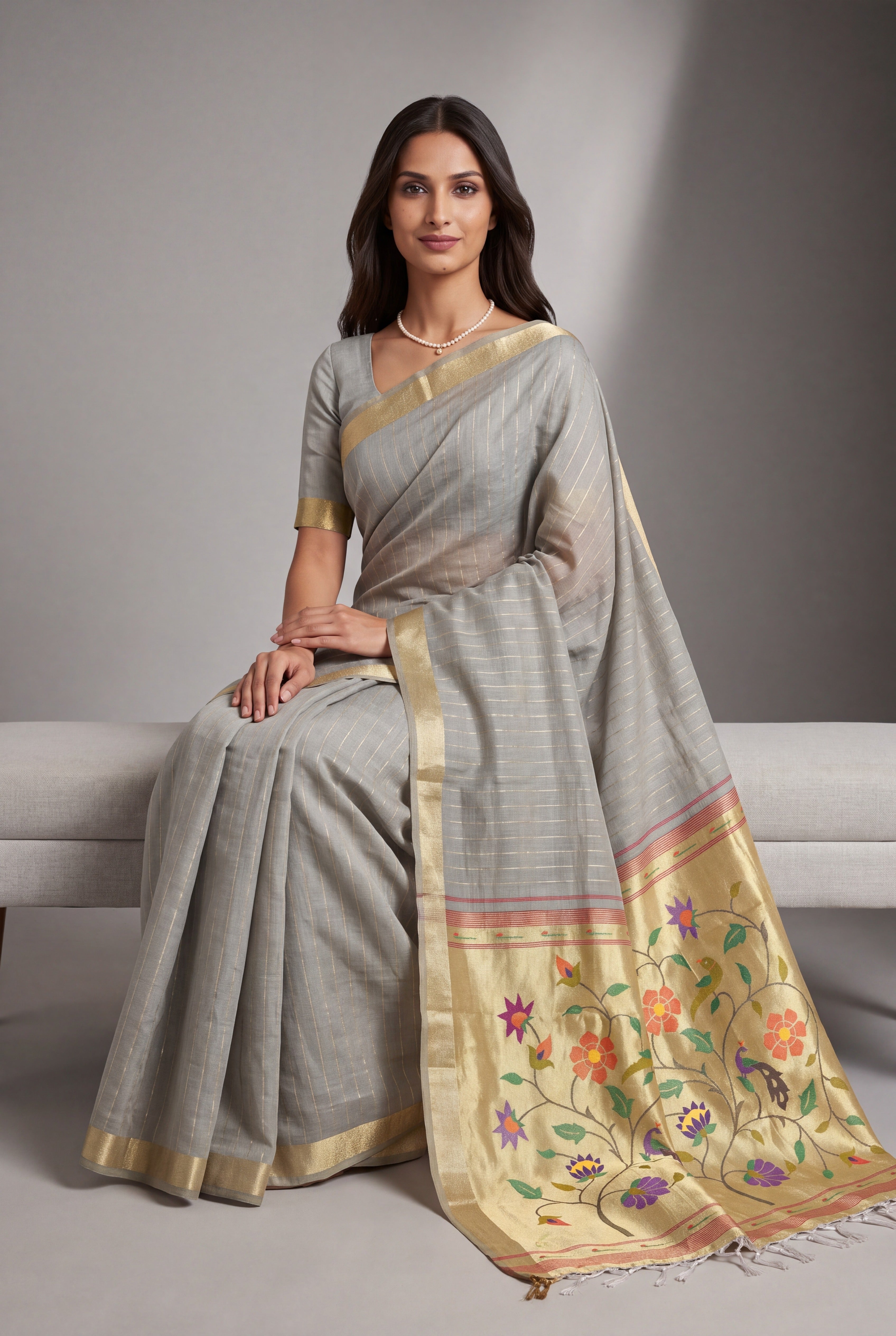 Dove Grey Jamdhani Cotton Paithani Saree with Zari Stripes and Puṣpavallī Pallu