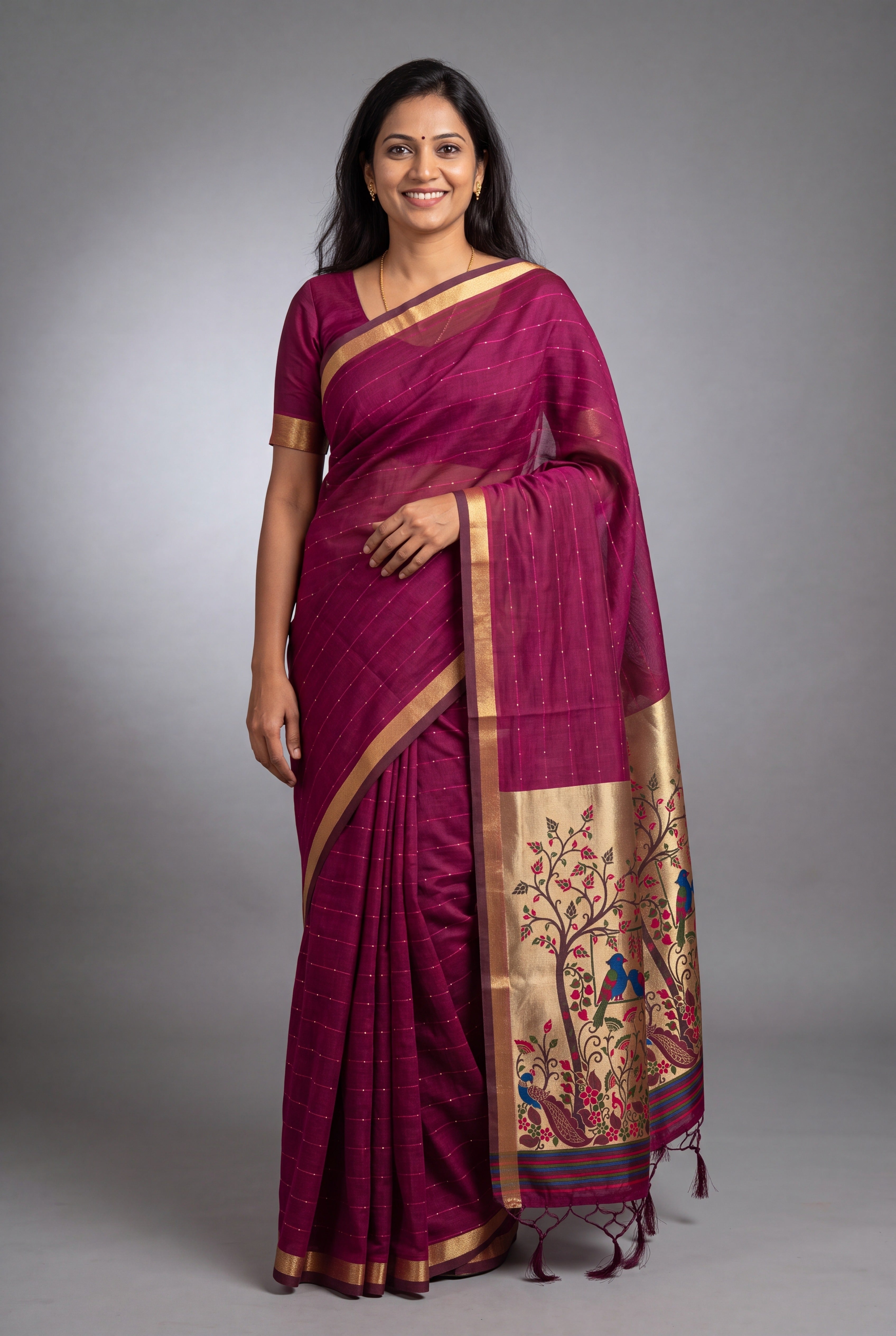 Dusty Rose Jamdhani Cotton Paithani with Tarumayura Pallu and Lakdipatta border