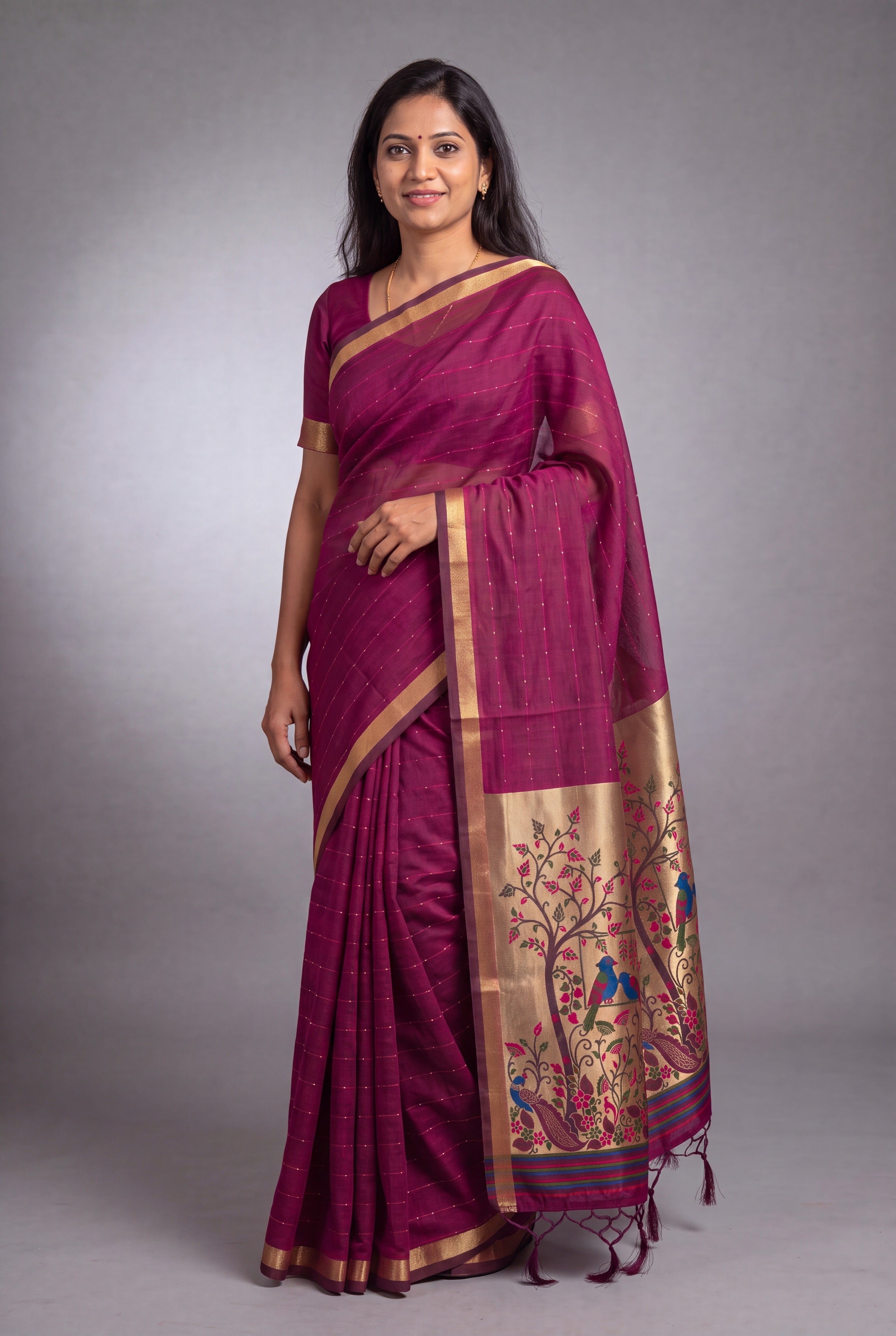 Dusty Rose Jamdhani Cotton Paithani with Tarumayura Pallu and Lakdipatta border