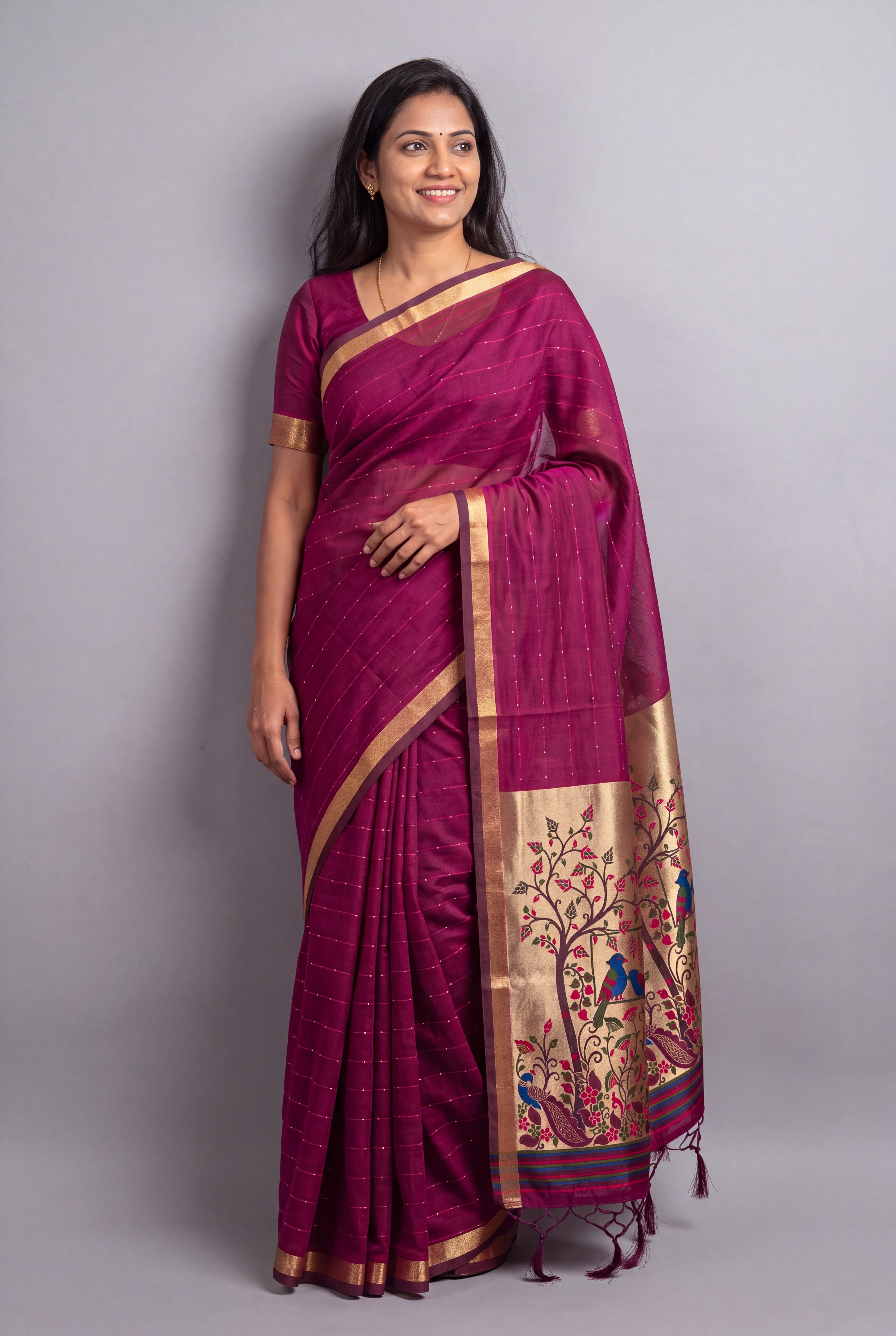 Dusty Rose Jamdhani Cotton Paithani with Tarumayura Pallu and Lakdipatta border