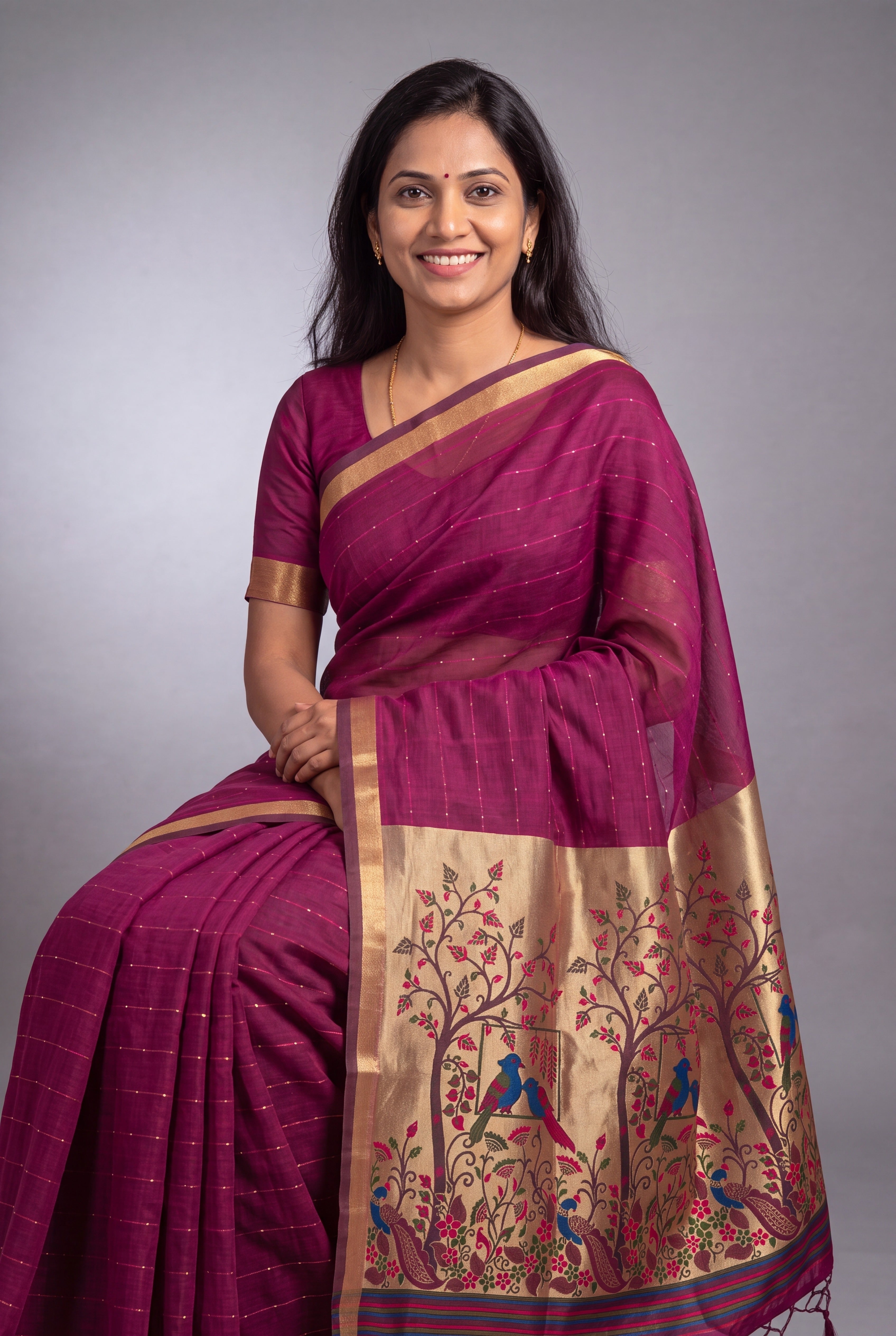 Dusty Rose Jamdhani Cotton Paithani with Tarumayura Pallu and Lakdipatta border