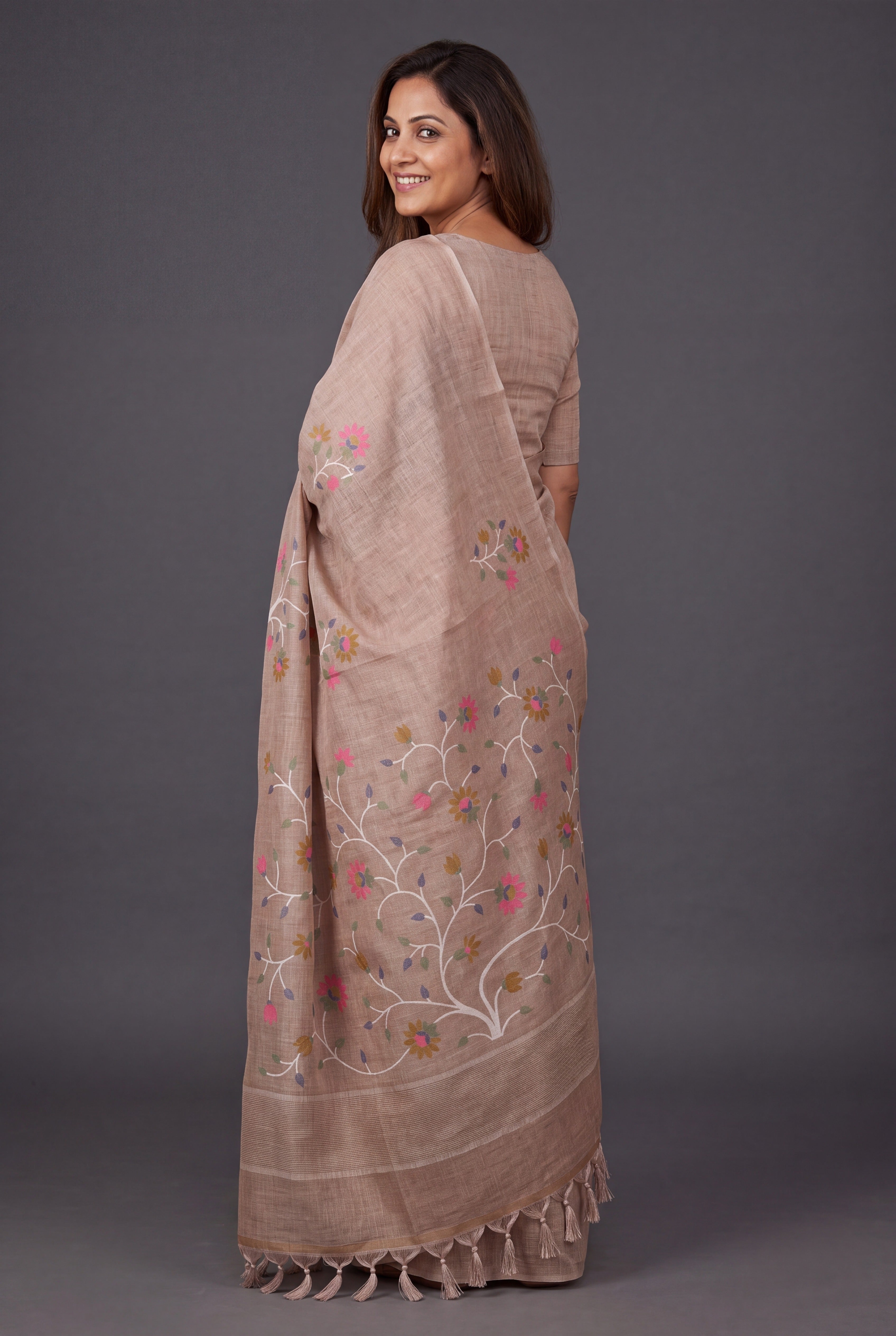 Earthy Beige Cotton Saree with Kusumāvalī Print