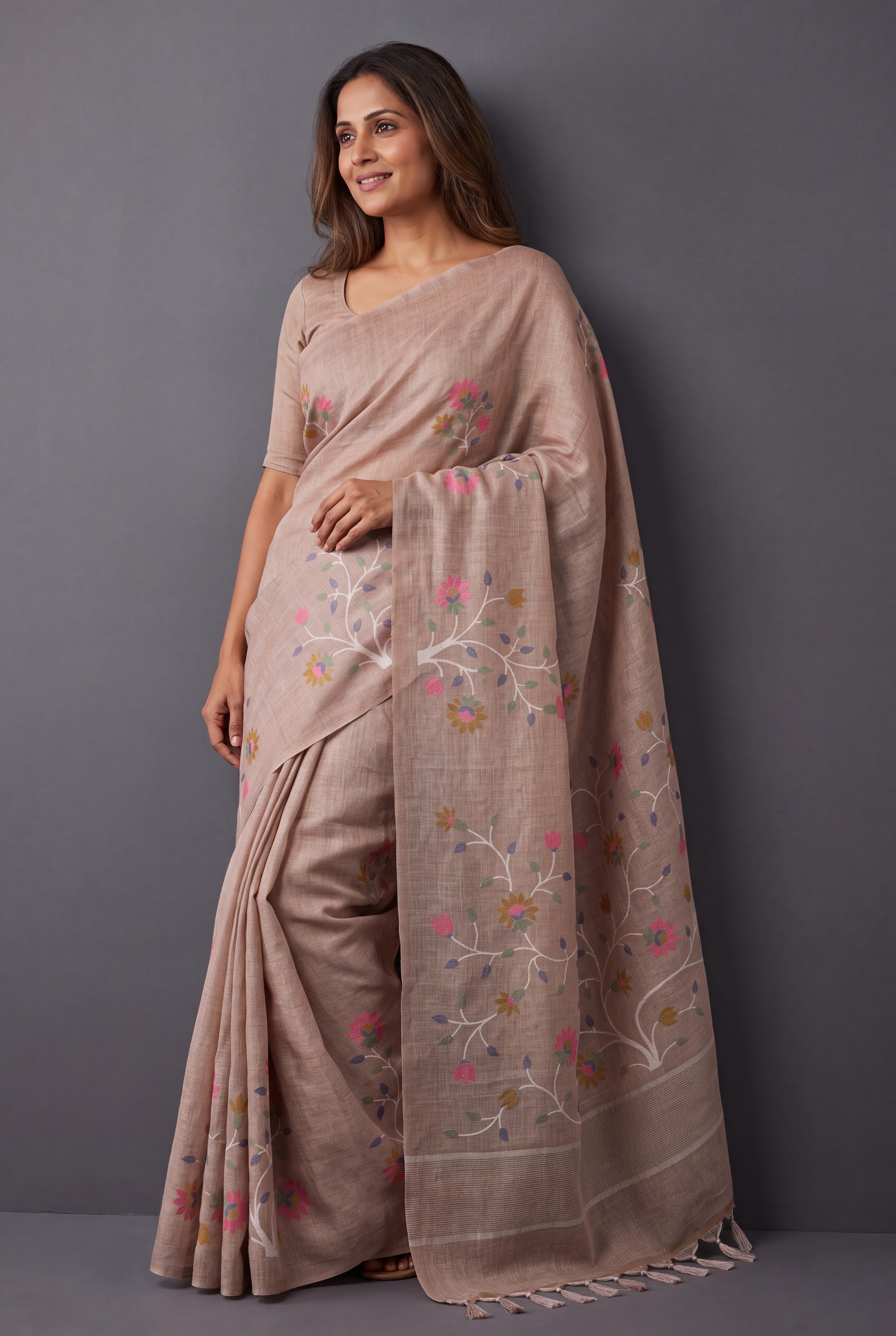 Earthy Beige Cotton Saree with Kusumāvalī Print