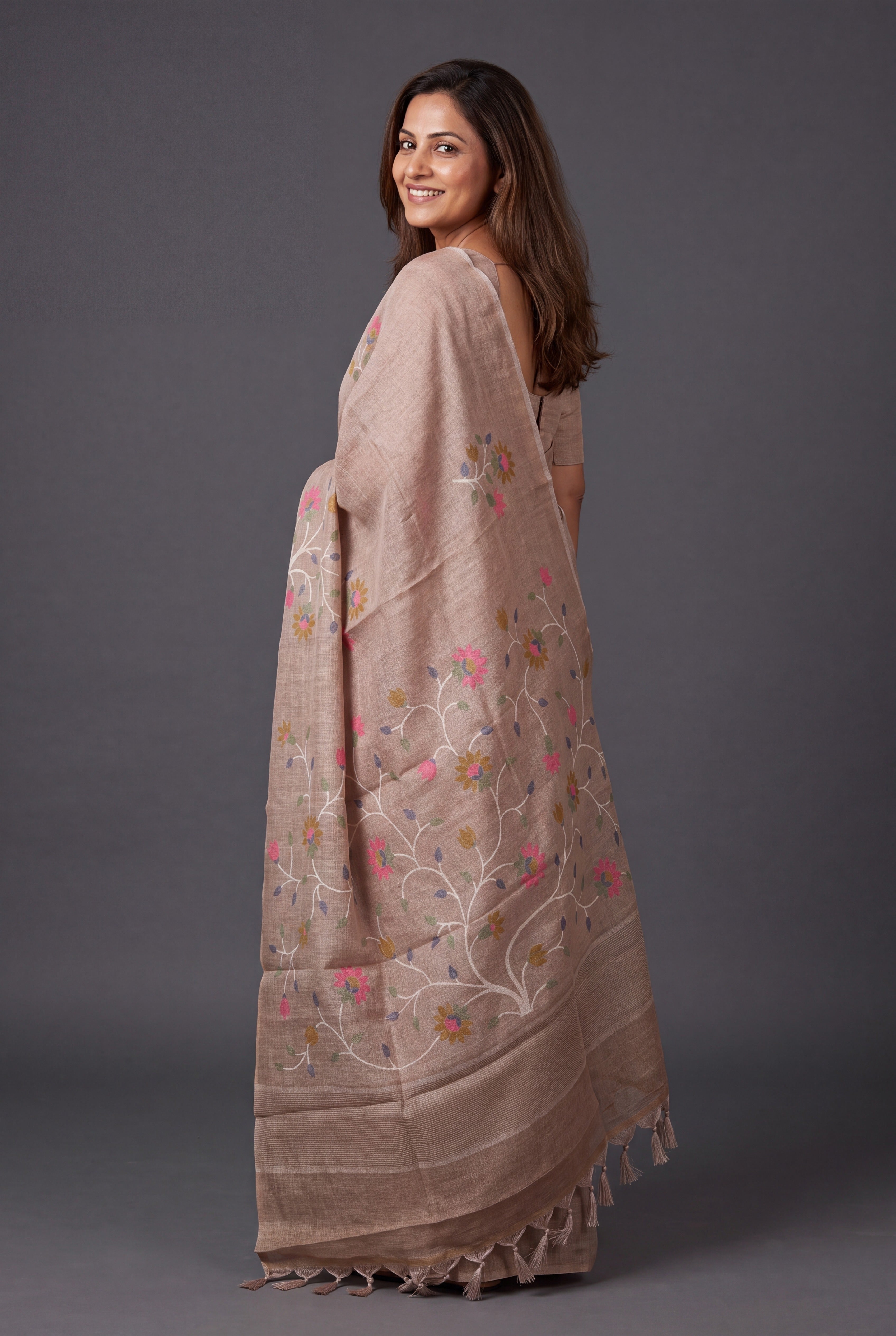 Earthy Beige Cotton Saree with Kusumāvalī Print