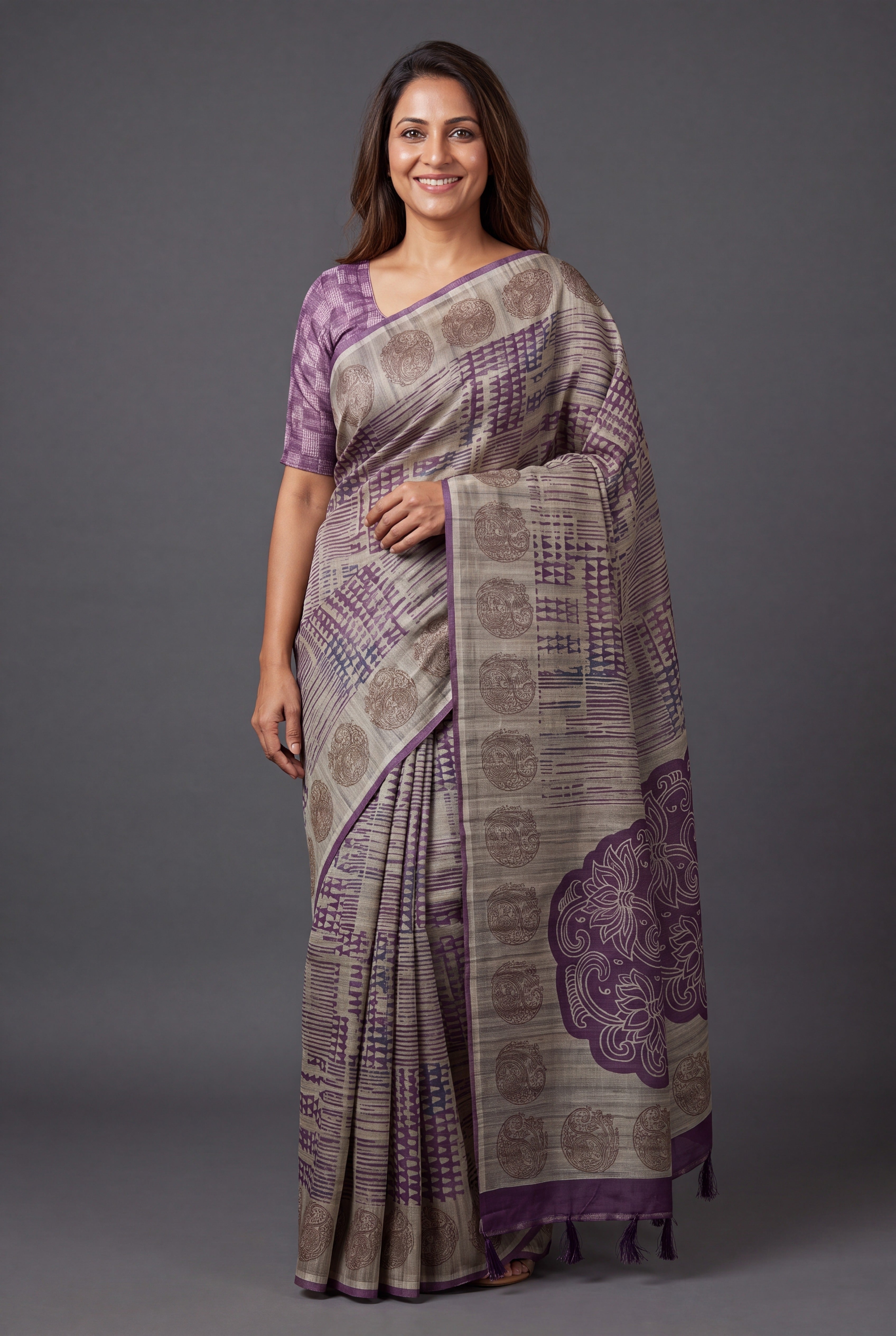 Earthy Beige Tussar Silk Saree with Geormetric Print