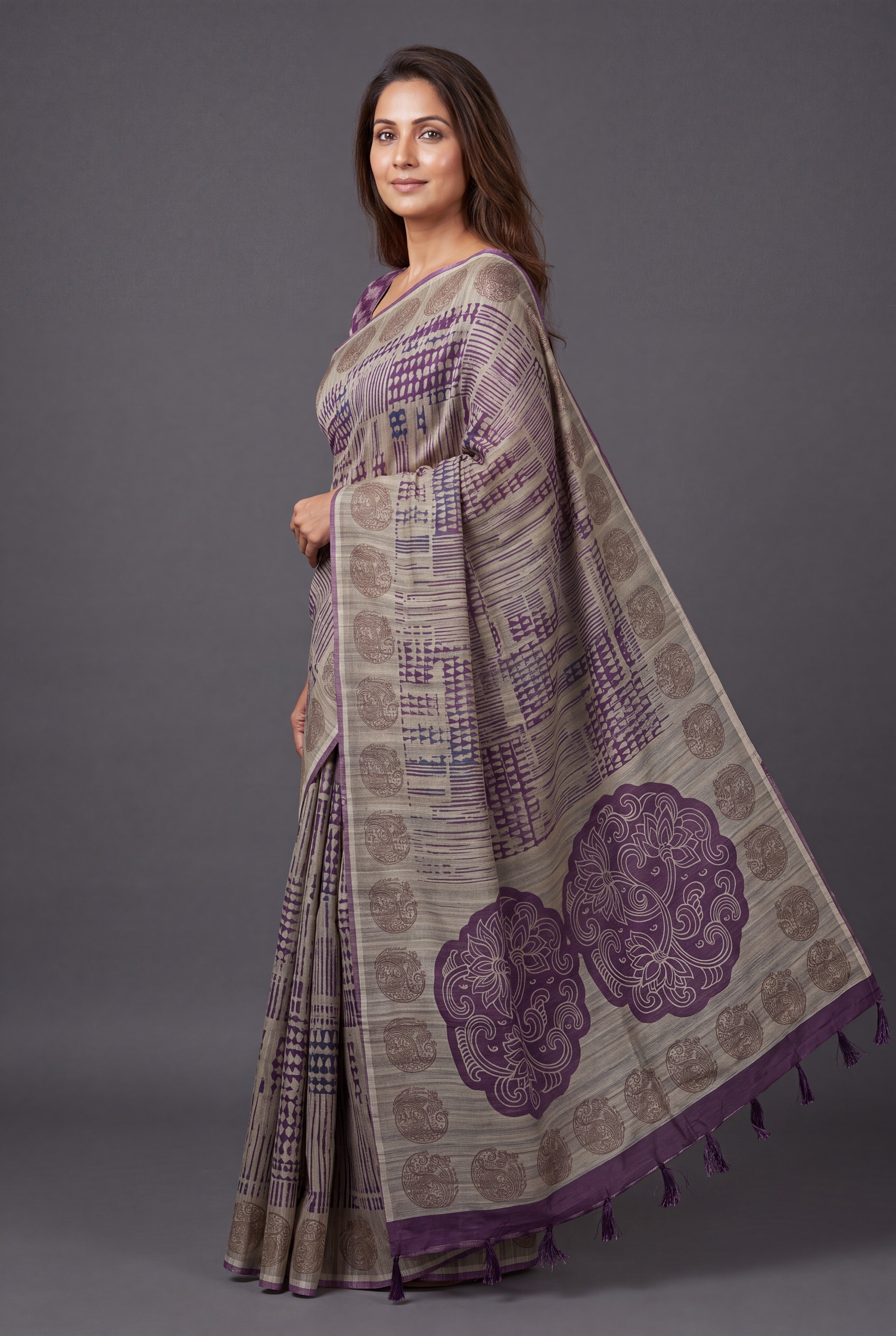 Earthy Beige Tussar Silk Saree with Geormetric Print