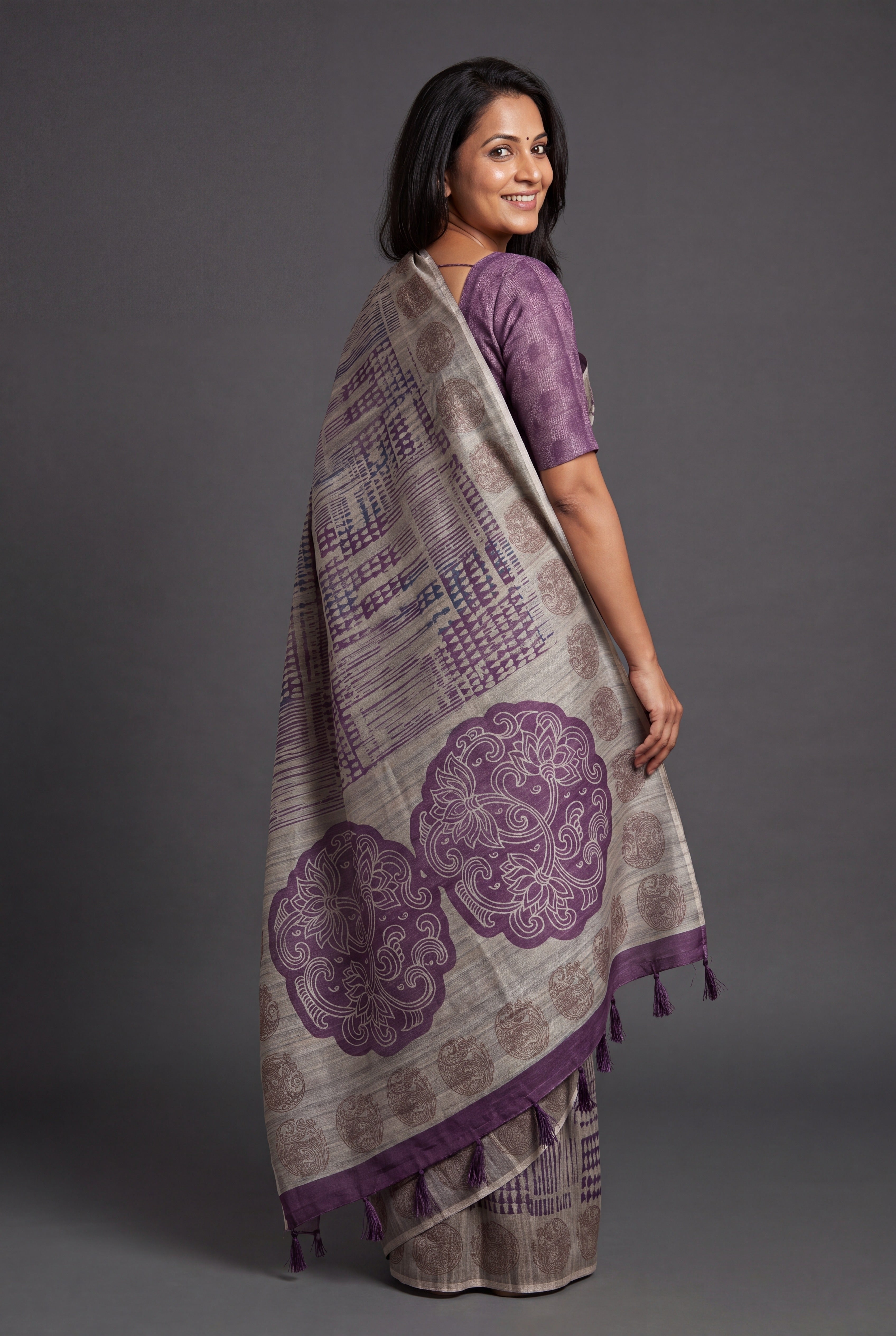 Earthy Beige Tussar Silk Saree with Geormetric Print