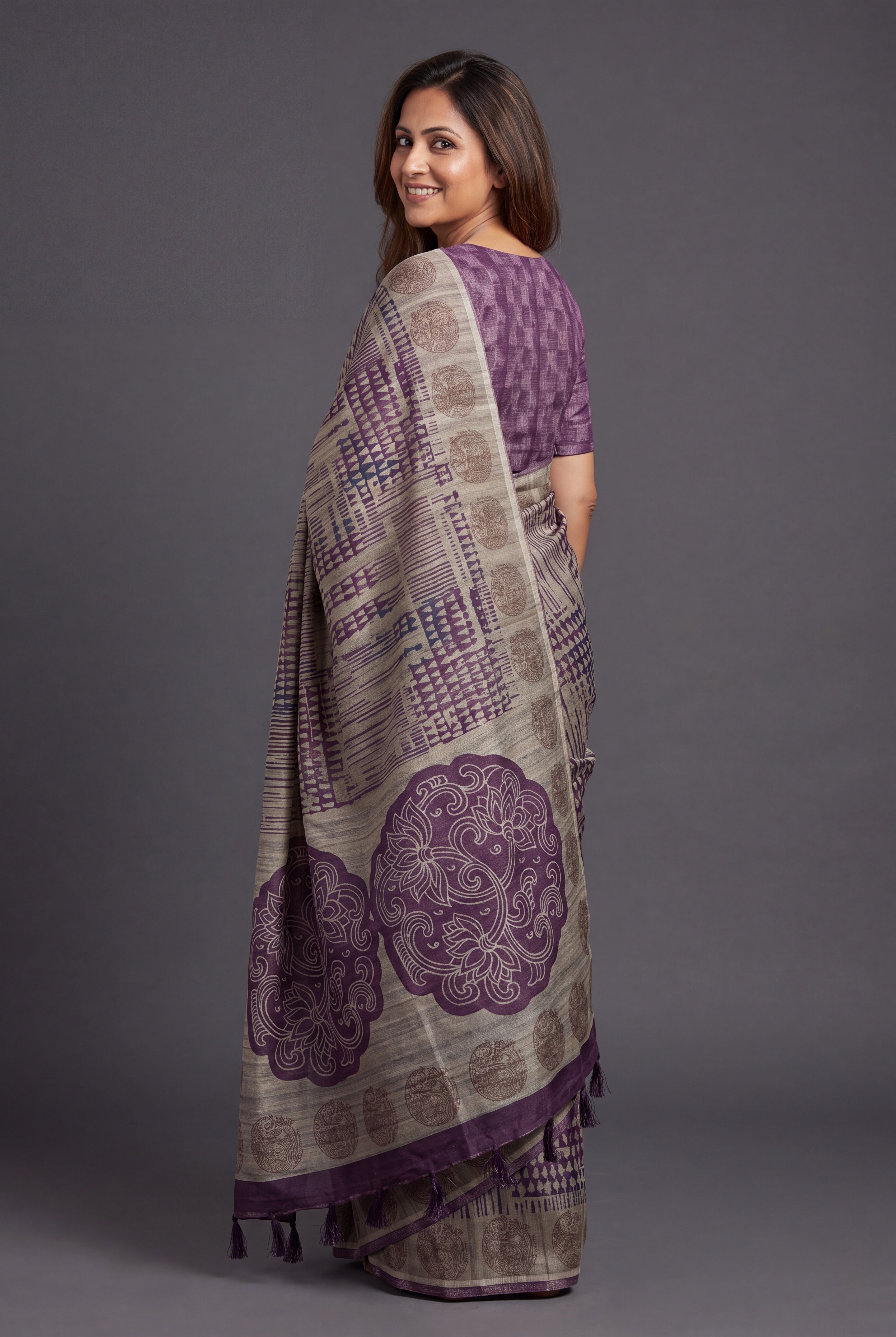 Earthy Beige Tussar Silk Saree with Geormetric Print