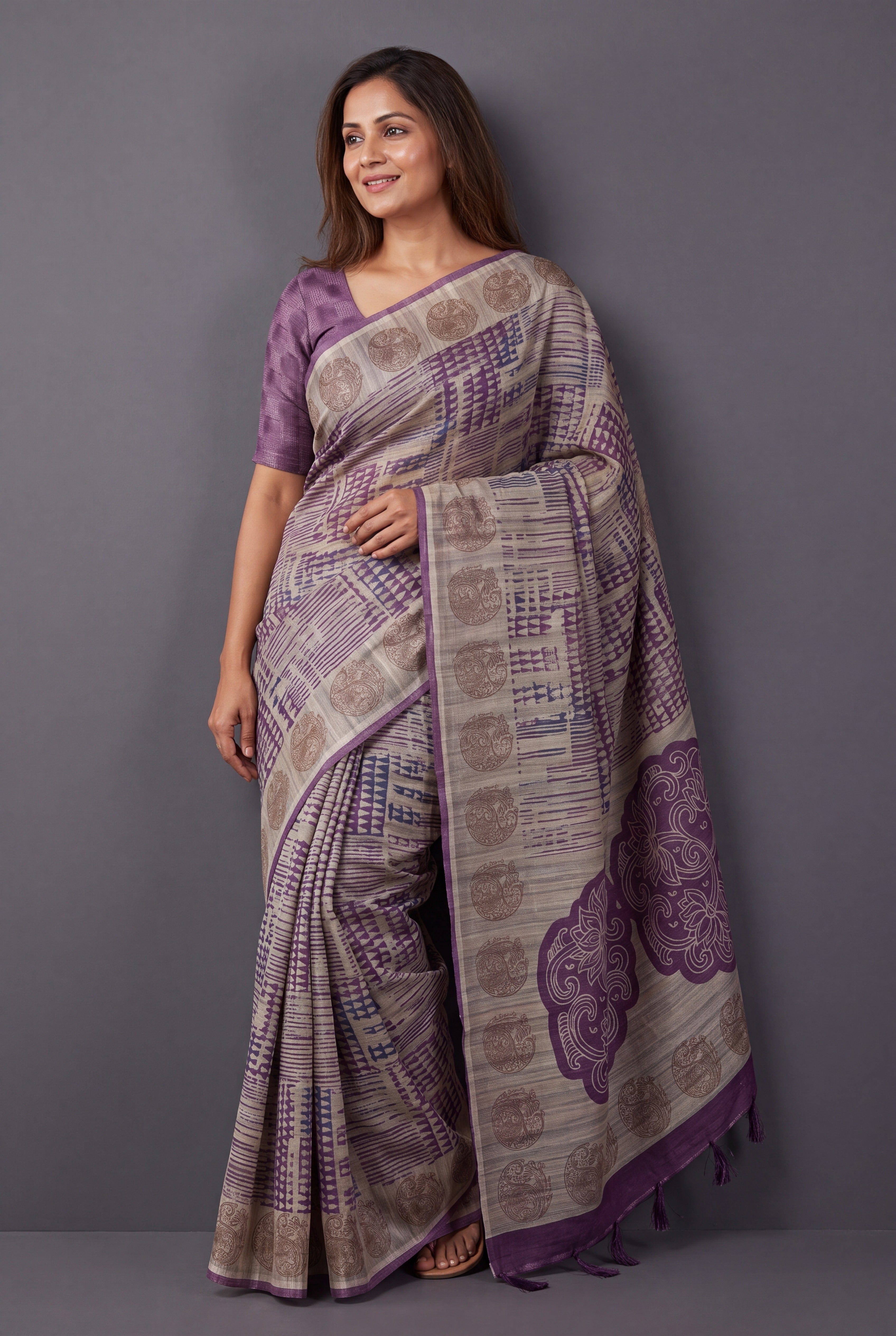 Earthy Beige Tussar Silk Saree with Geormetric Print