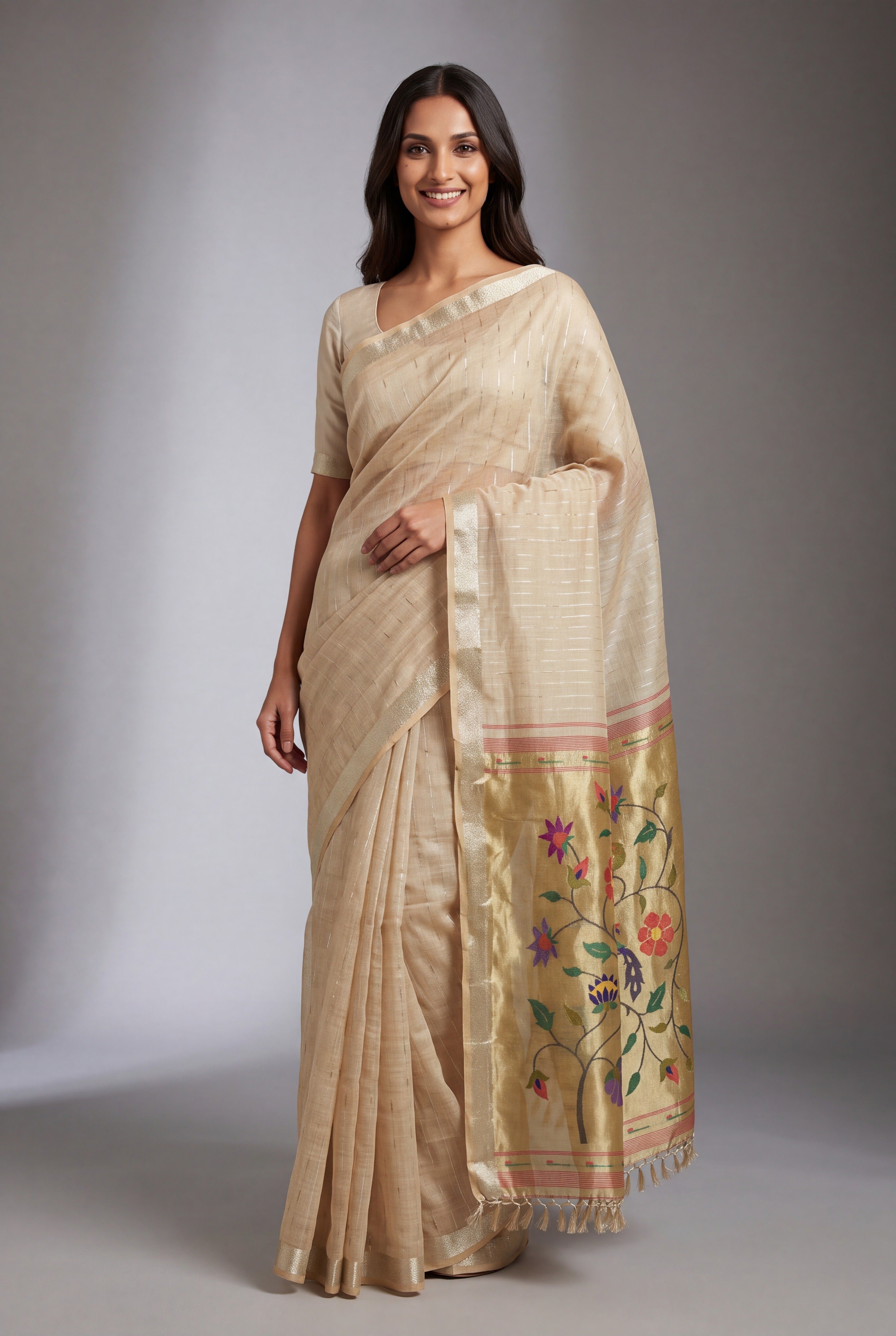 Earthy Brown Jamdhani Cotton Paithani Saree with Zari Stripes and Puṣpavallī Pallu