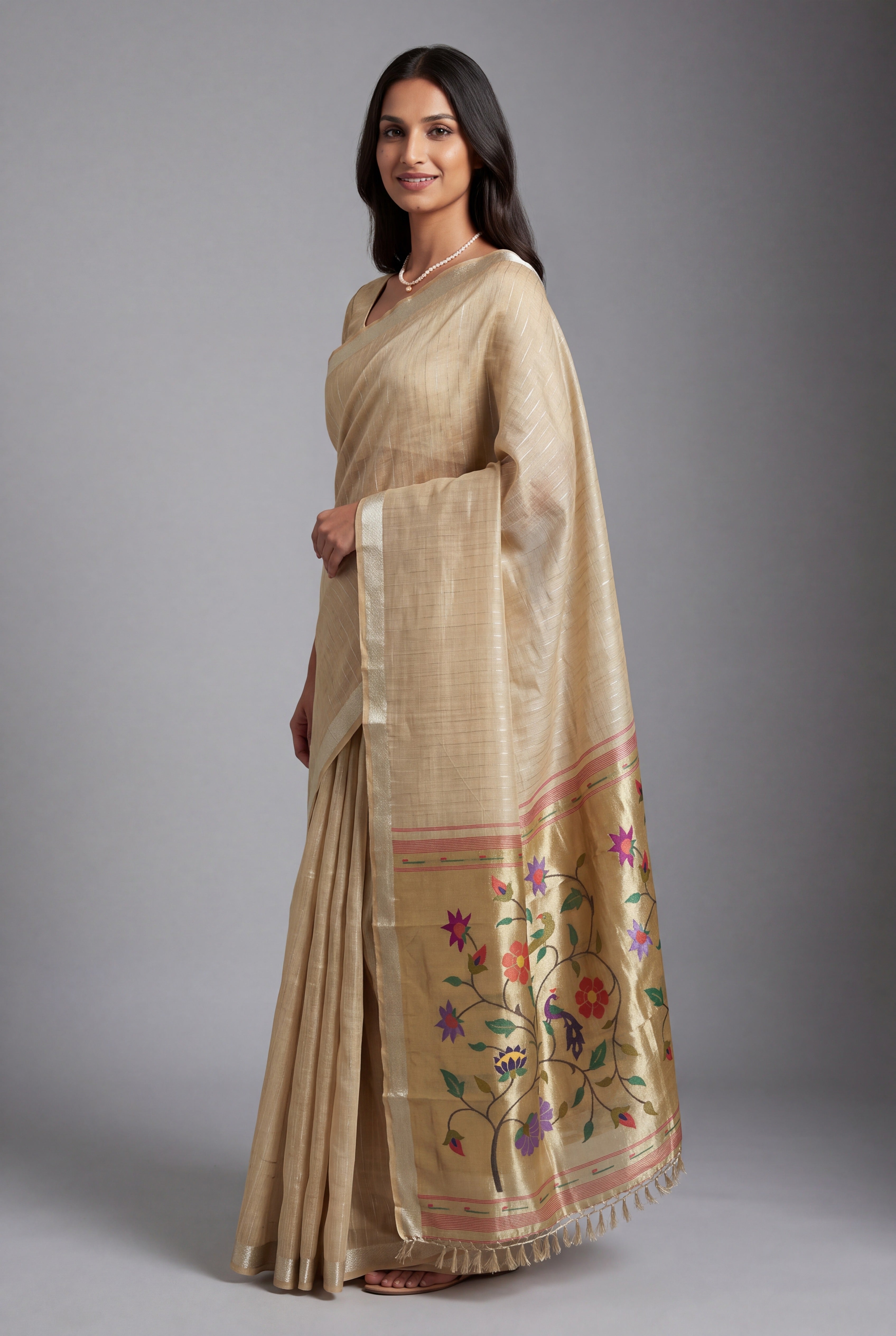 Earthy Brown Jamdhani Cotton Paithani Saree with Zari Stripes and Puṣpavallī Pallu