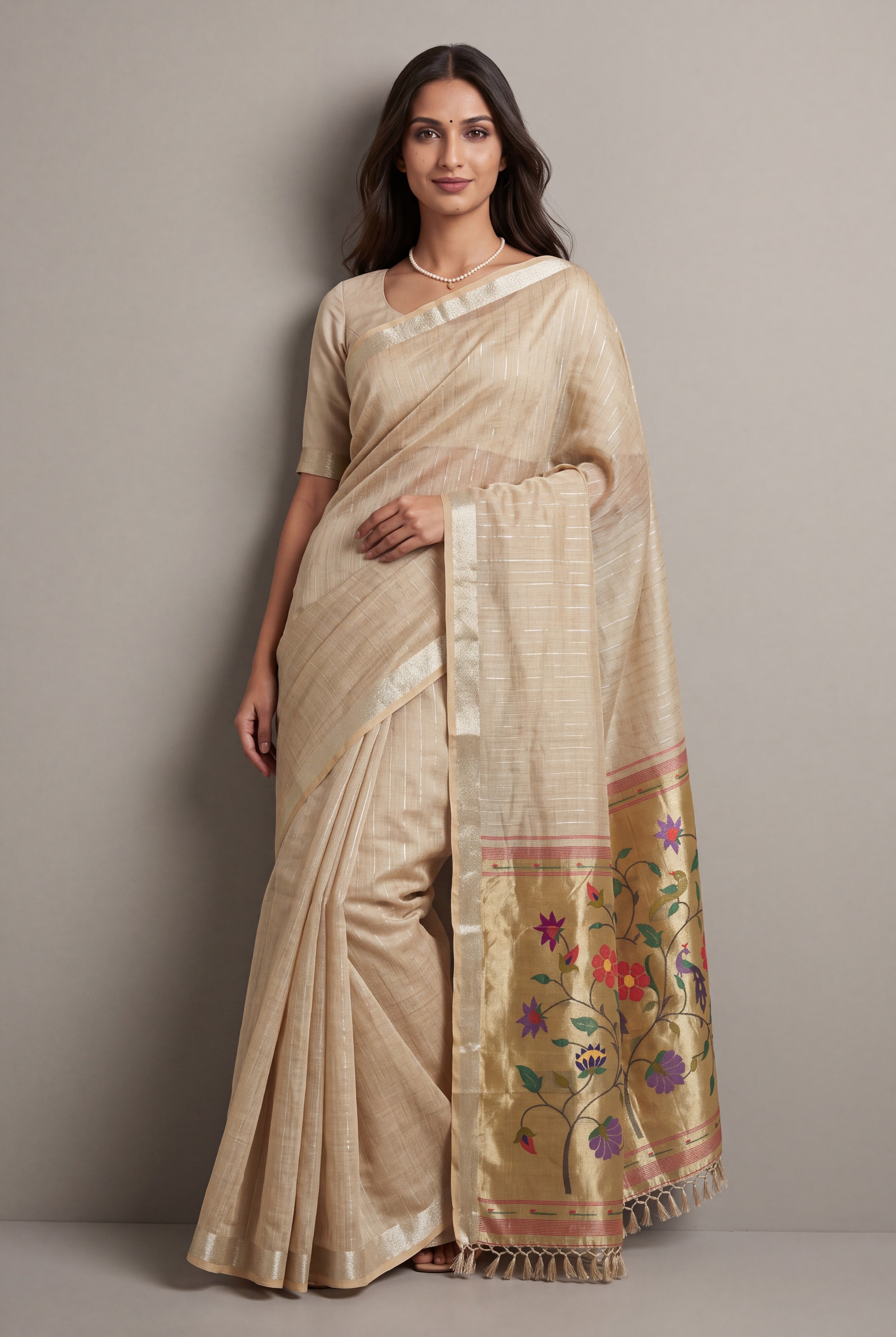 Earthy Brown Jamdhani Cotton Paithani Saree with Zari Stripes and Puṣpavallī Pallu