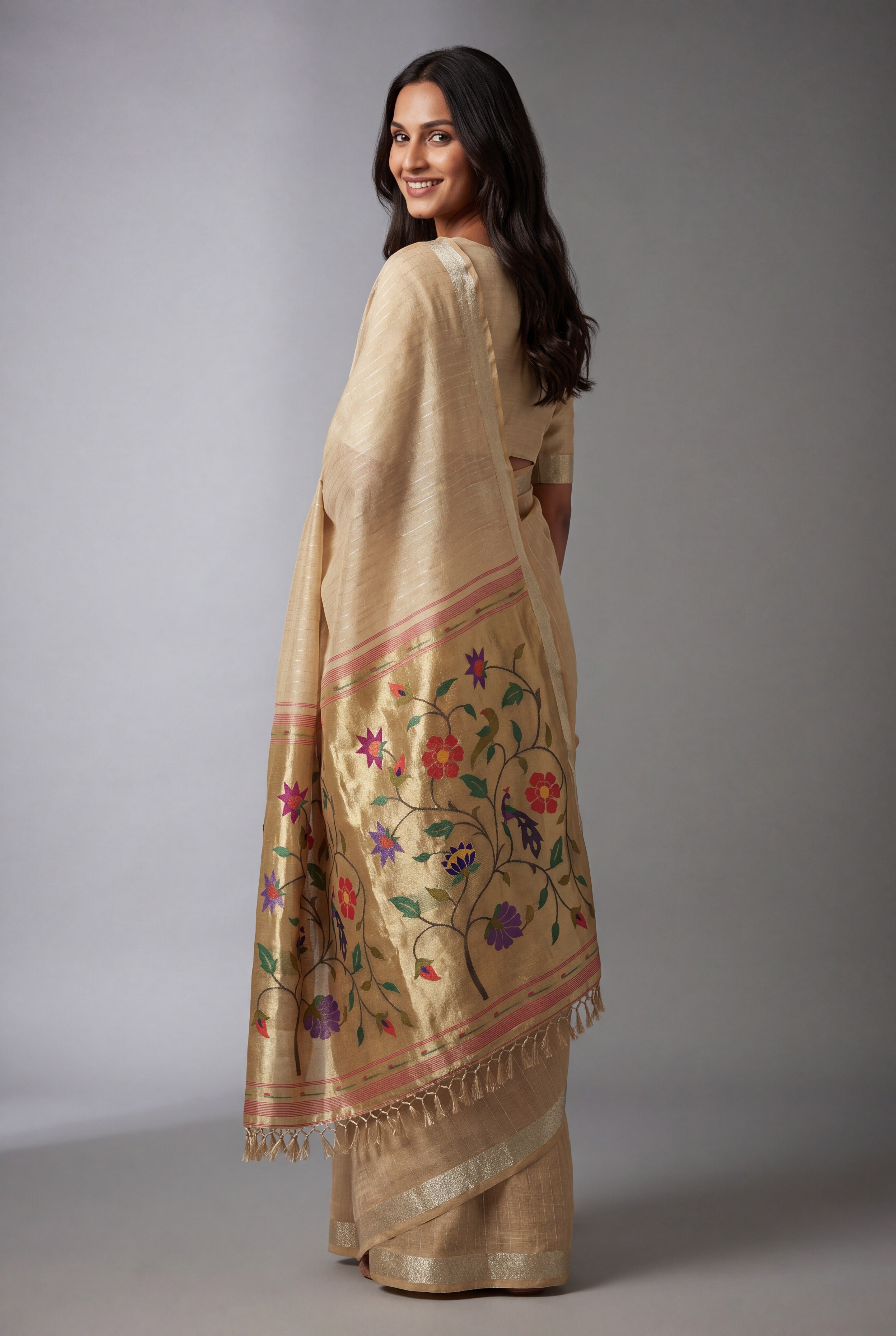 Earthy Brown Jamdhani Cotton Paithani Saree with Zari Stripes and Puṣpavallī Pallu