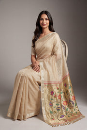 Earthy Brown Jamdhani Cotton Paithani Saree with Zari Stripes and Puṣpavallī Pallu