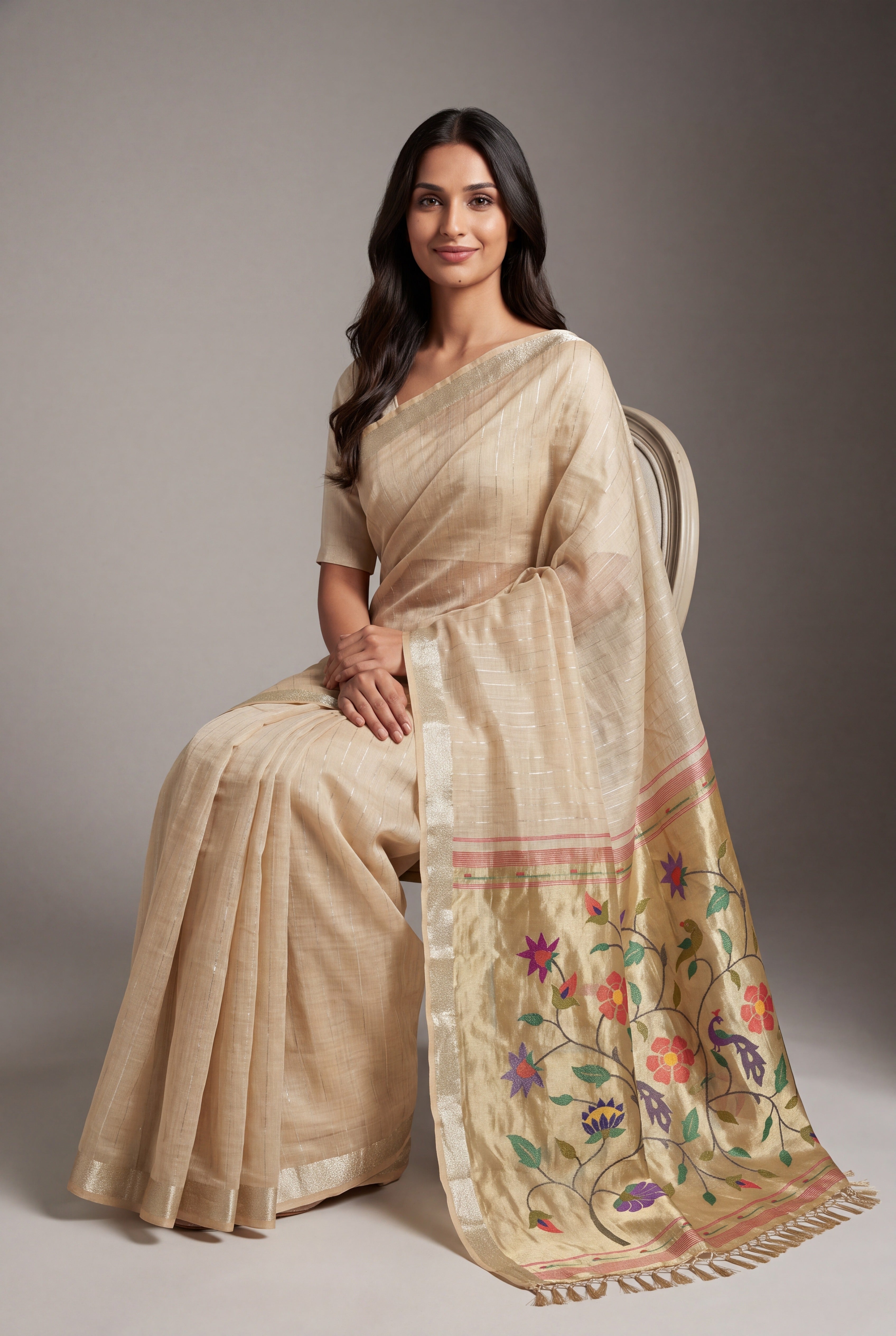 Earthy Brown Jamdhani Cotton Paithani Saree with Zari Stripes and Puṣpavallī Pallu