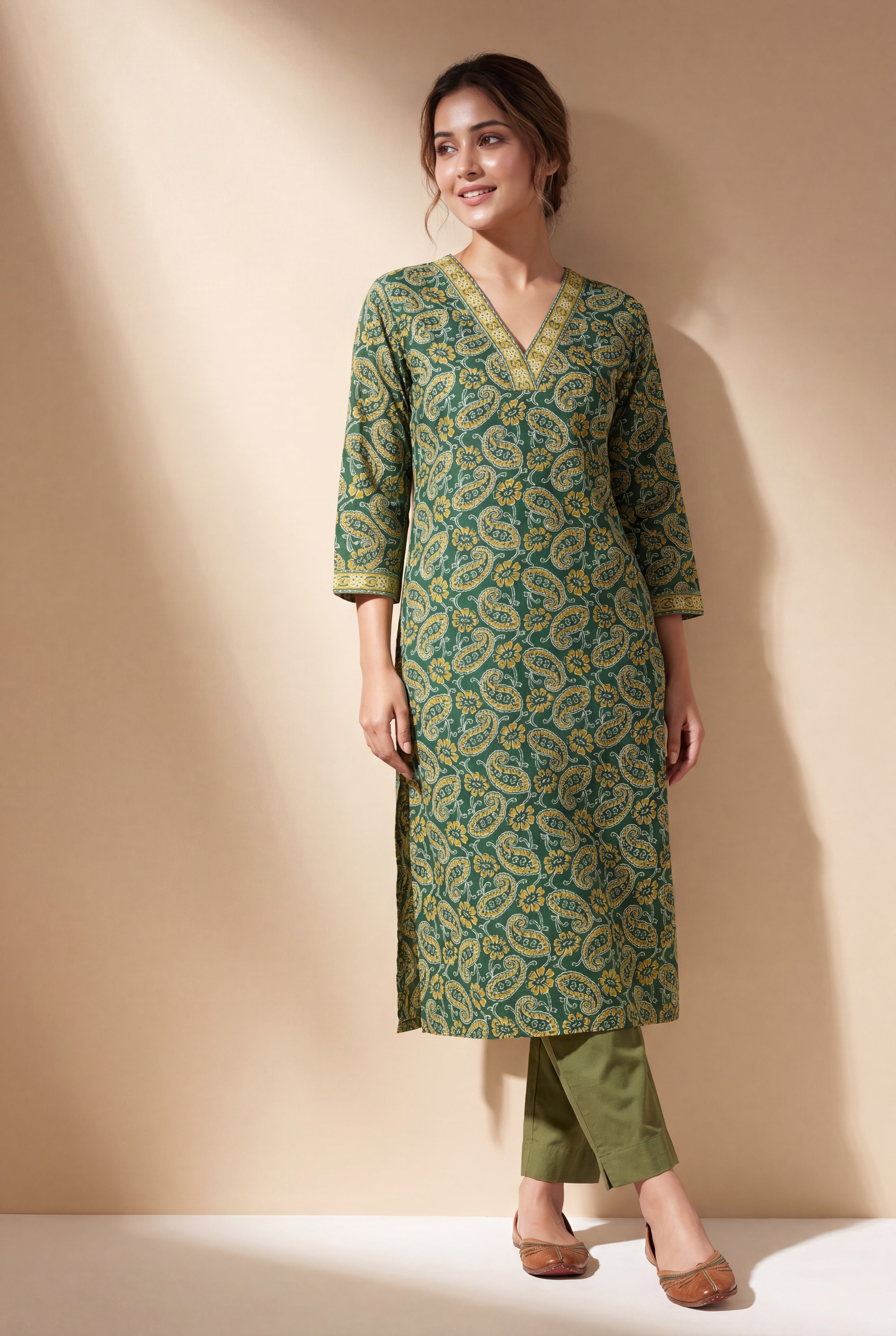 Emerald Green Amrapatra Cotton Kurti with Paisley and Floral block print