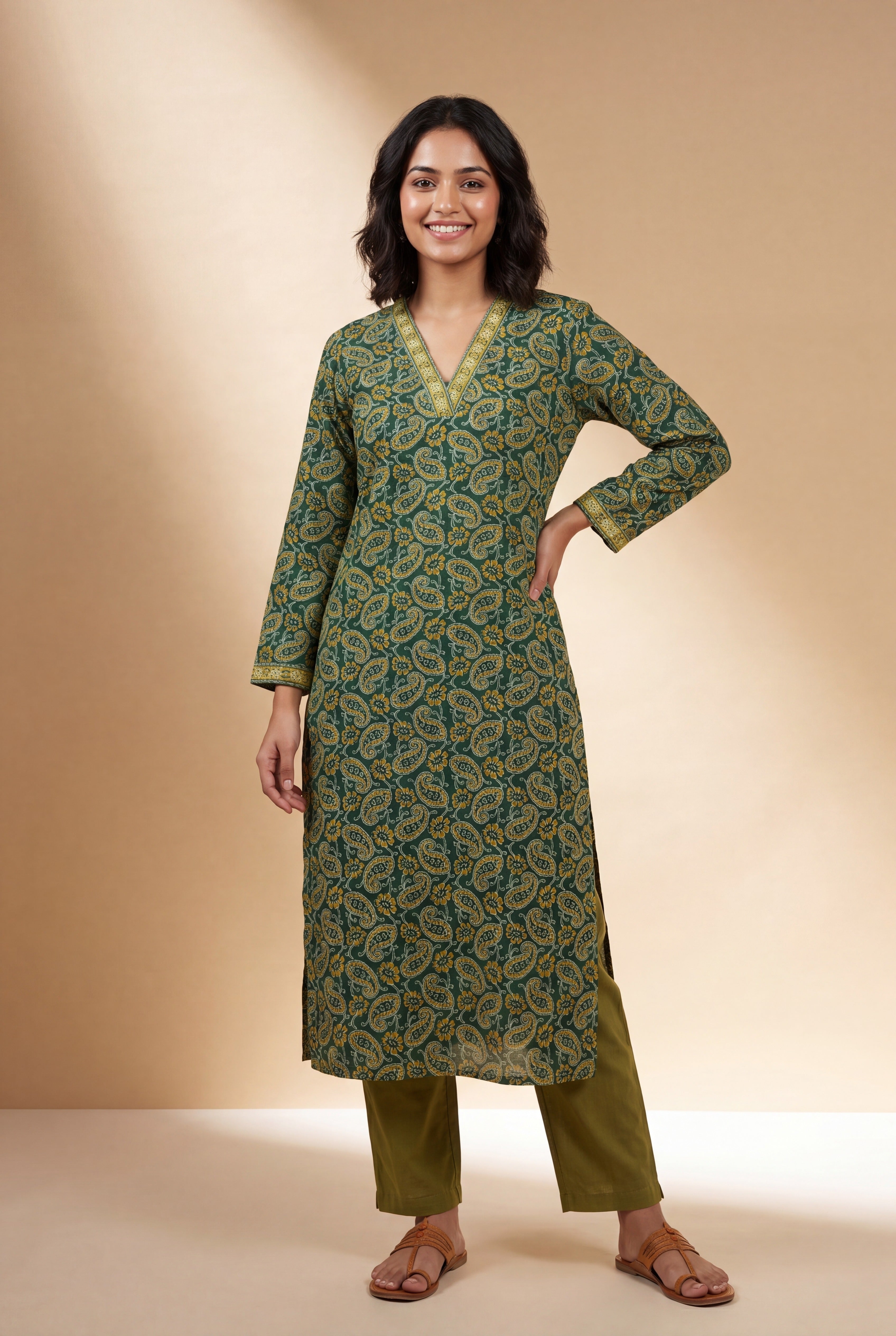 Emerald Green Amrapatra Cotton Kurti with Paisley and Floral block print
