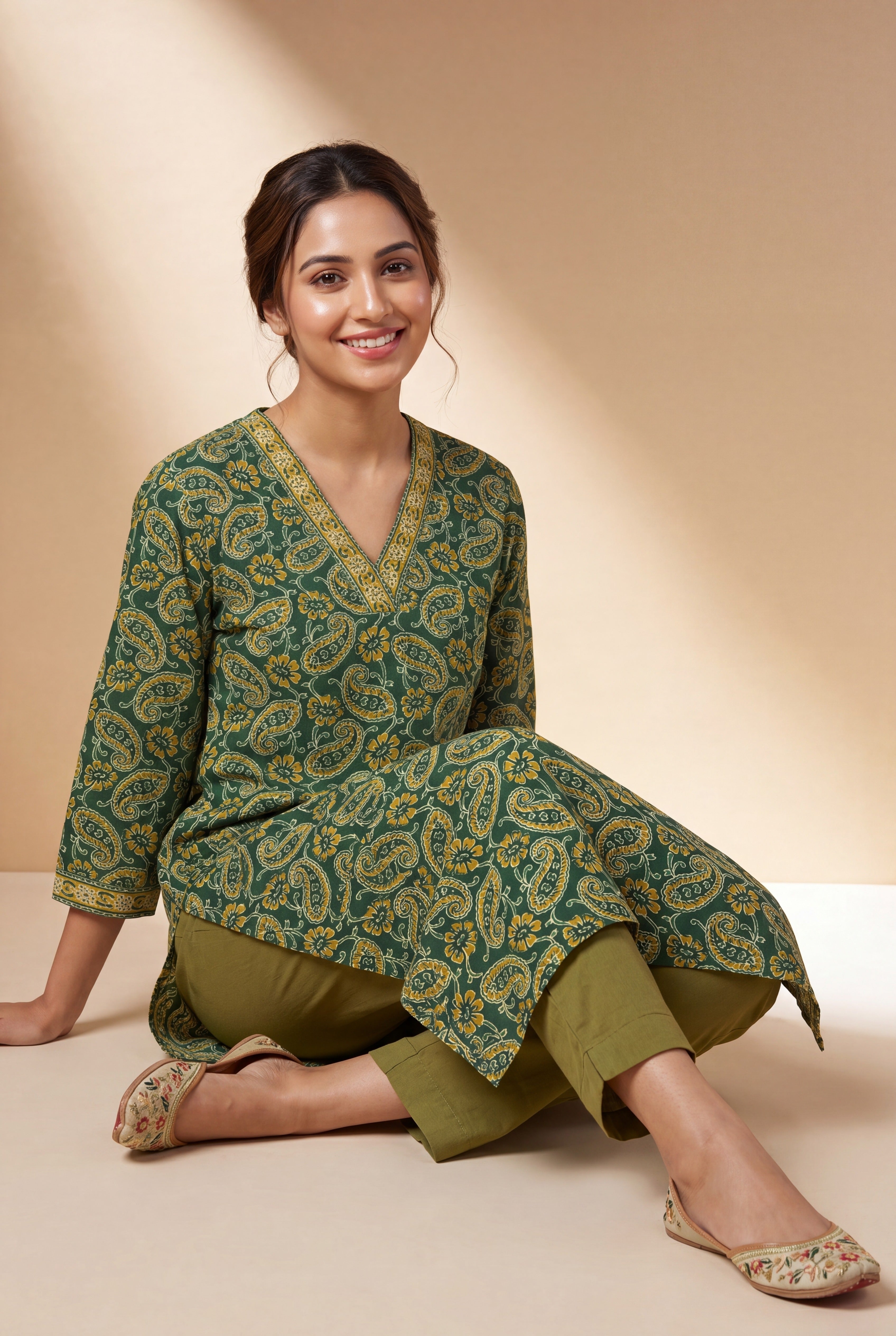 Emerald Green Amrapatra Cotton Kurti with Paisley and Floral block print