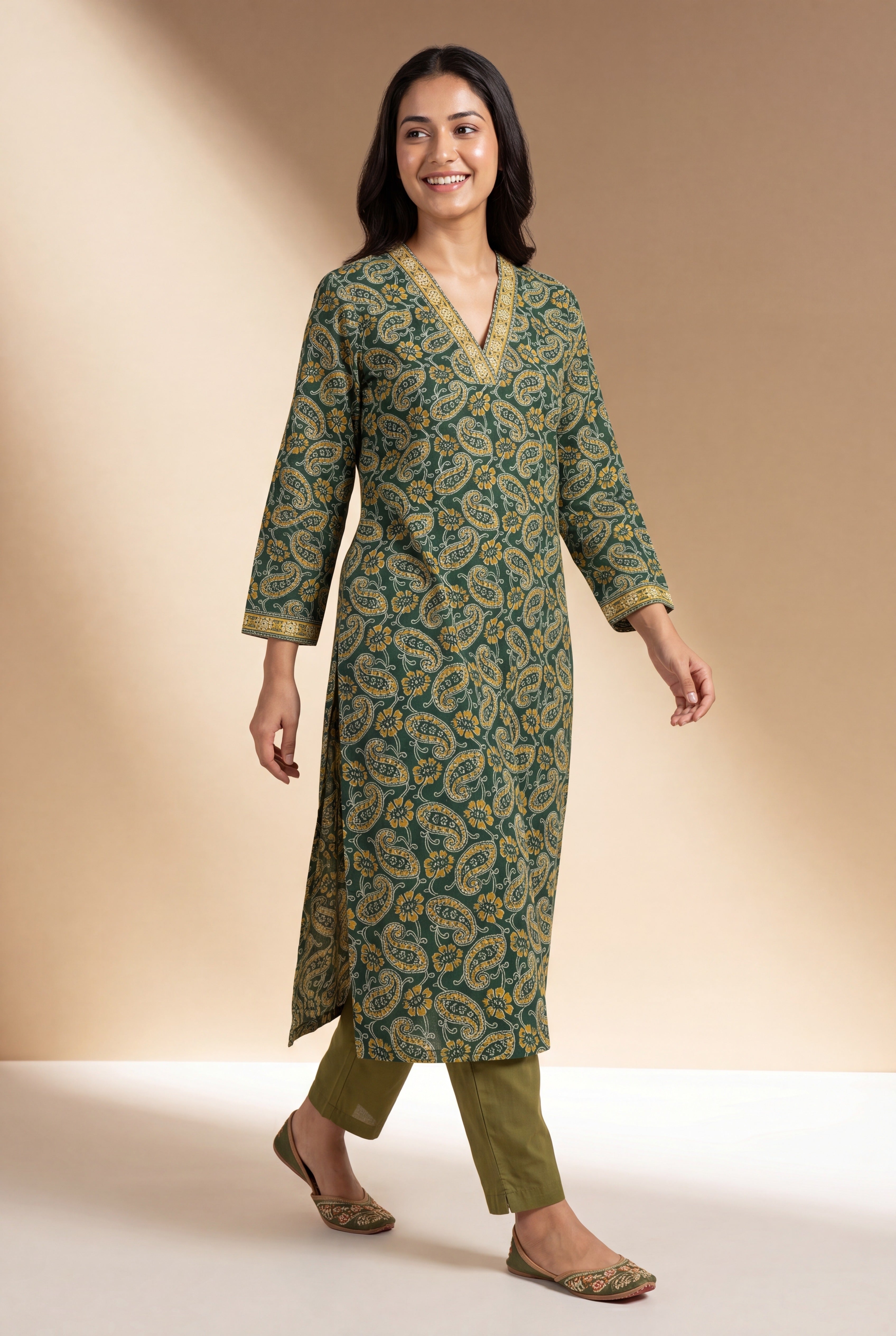 Emerald Green Amrapatra Cotton Kurti with Paisley and Floral block print